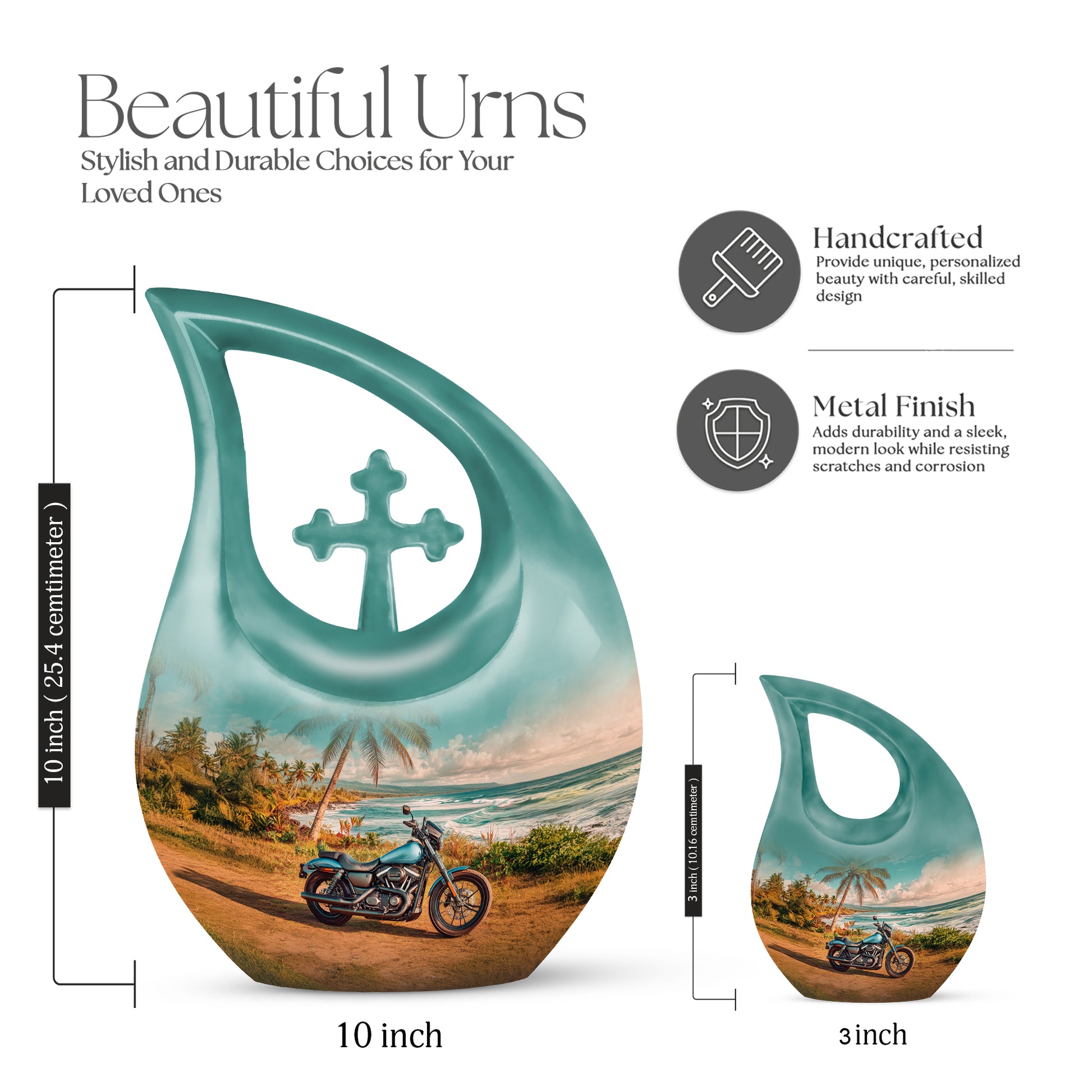 Ocean Teal Bike Cremation Urn back view with polished surface - sacred cross merged with bike motif on metal - mini keepsake memorial for portion of cremation ashes
