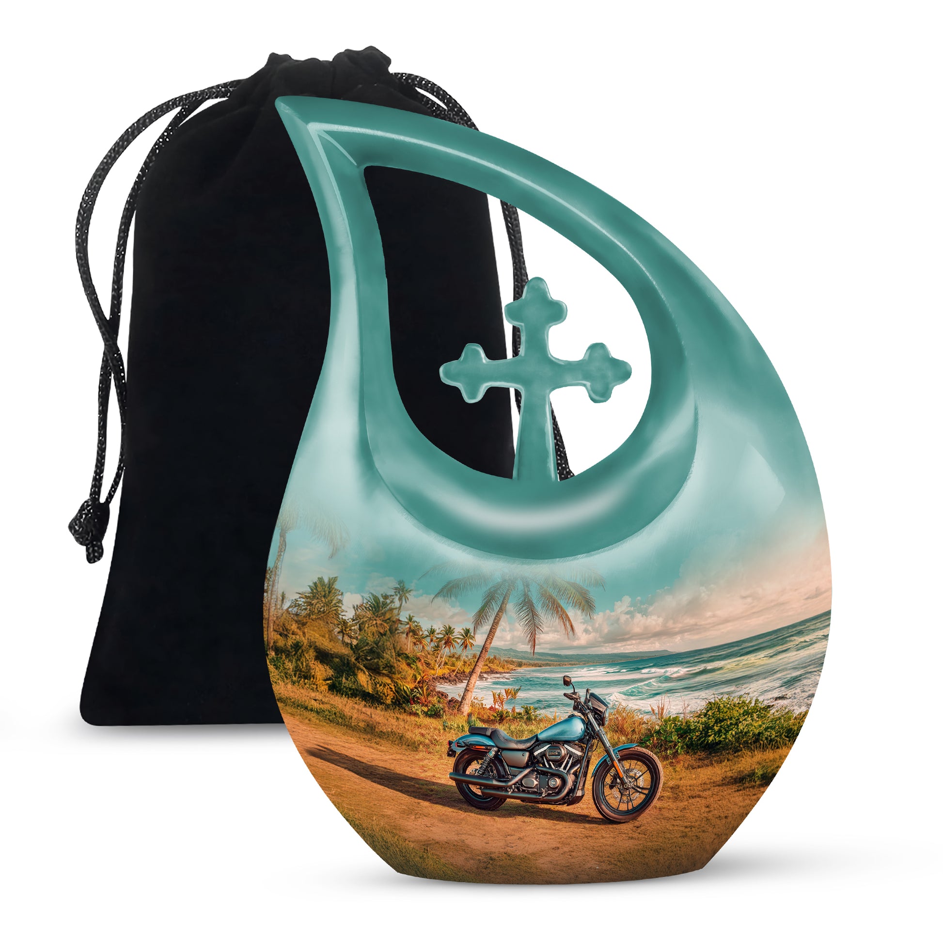 Aqua Teal Bike Cremation Urn top-down view of secure threaded lid - faith-inspired cross-drop urn with bike pattern - full-size 10 inch 200 cubic inch adult cremation urn
