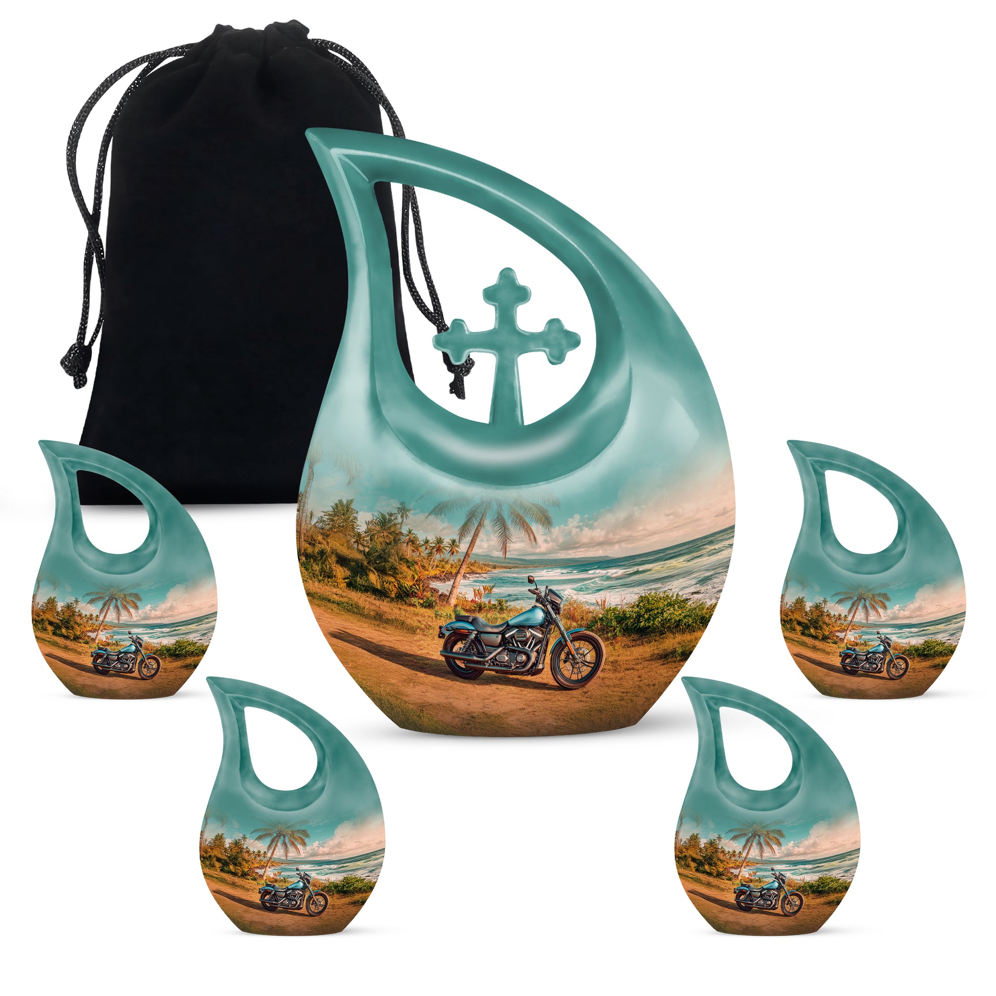 Soft Teal Bike Cremation Urn urn with complimentary velvet bag - cross and bike combined in spiritual memorial design - memorial set with one large and four small urns