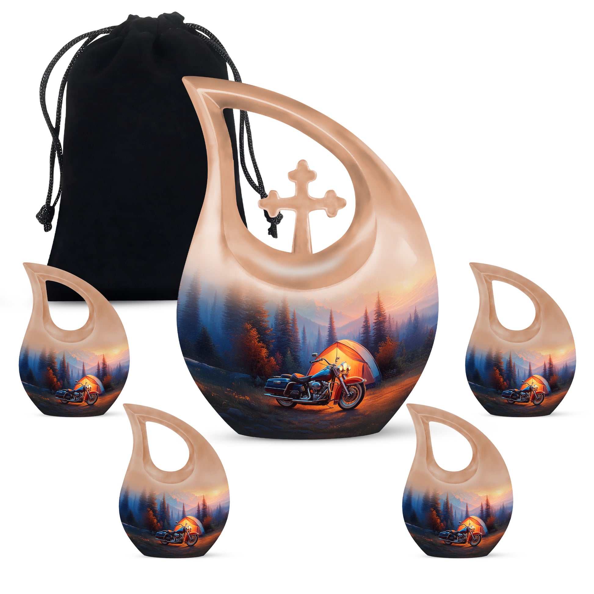 Bright Blue Bike Cremation Urn urn with complimentary velvet bag - devotional cross-drop bike engraving - memorial set with one large and four small urns