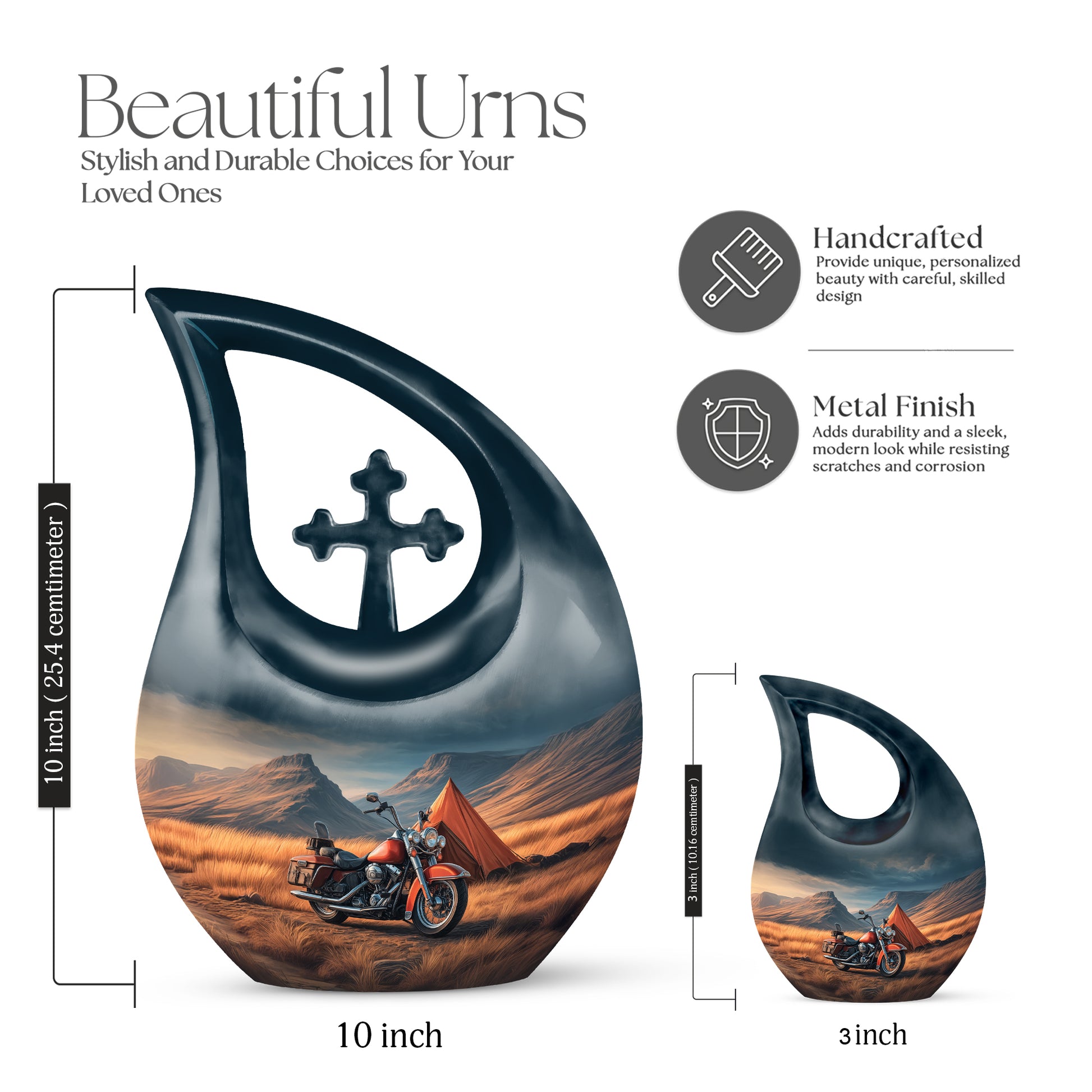 Dusty Blue Bike Cremation Urn back view with polished surface - cross and bike combined in spiritual memorial design - mini keepsake memorial for portion of cremation ashes
