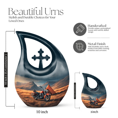 Dusty Blue Bike Cremation Urn back view with polished surface - cross and bike combined in spiritual memorial design - mini keepsake memorial for portion of cremation ashes