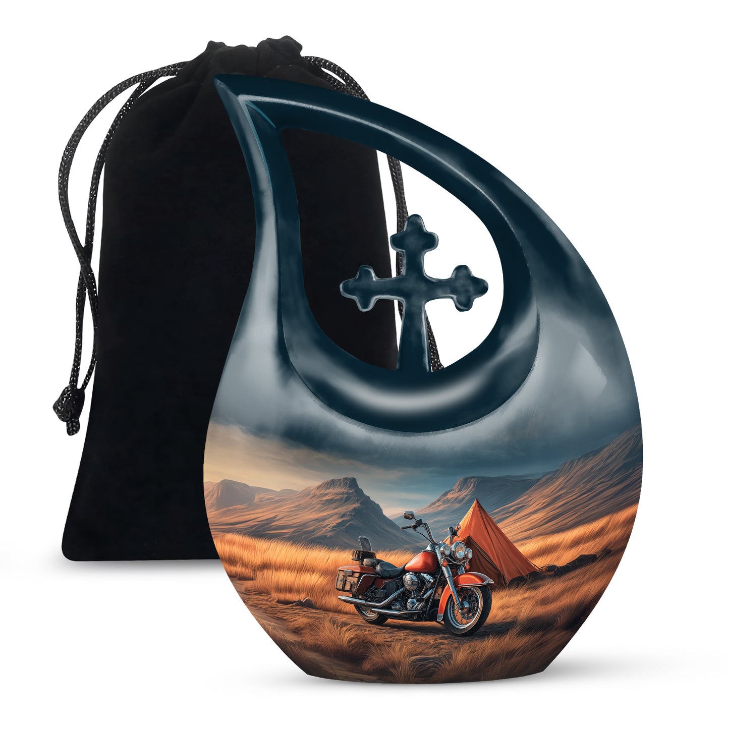 Cornflower Blue Bike Cremation Urn top-down view of secure threaded lid - devotional cross-drop bike engraving - full-size 10 inch 200 cubic inch adult cremation urn