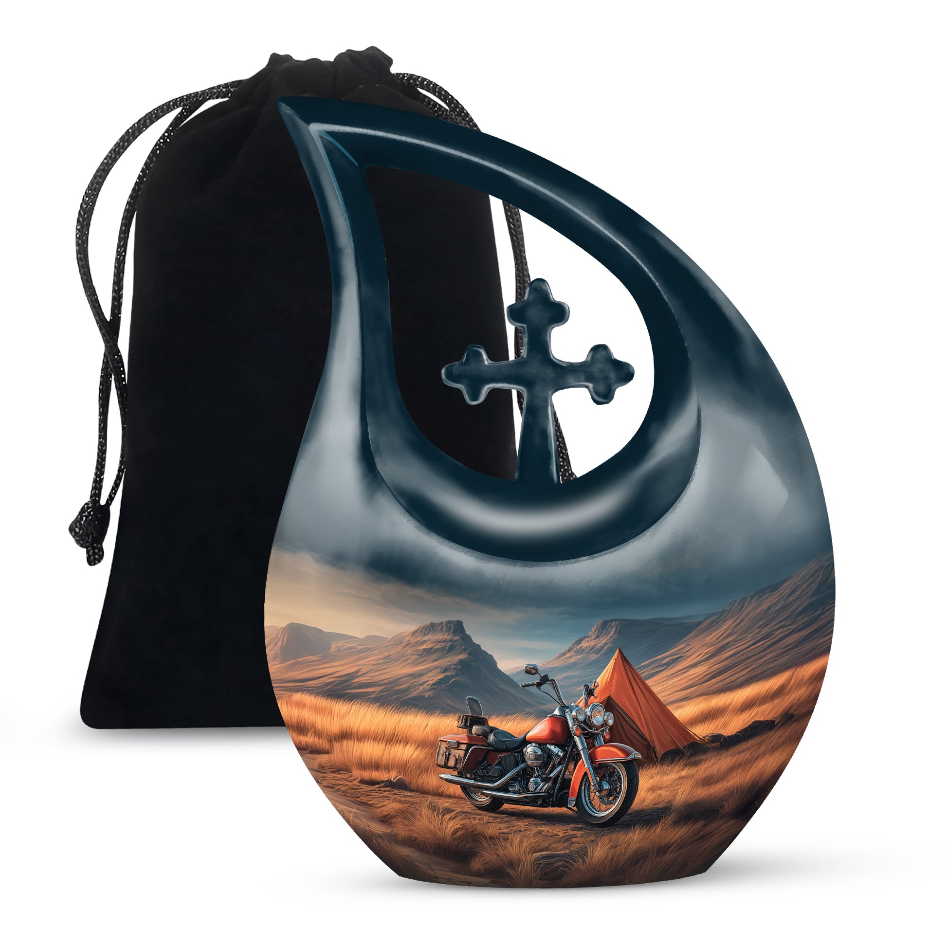Cornflower Blue Bike Cremation Urn top-down view of secure threaded lid - devotional cross-drop bike engraving - full-size 10 inch 200 cubic inch adult cremation urn