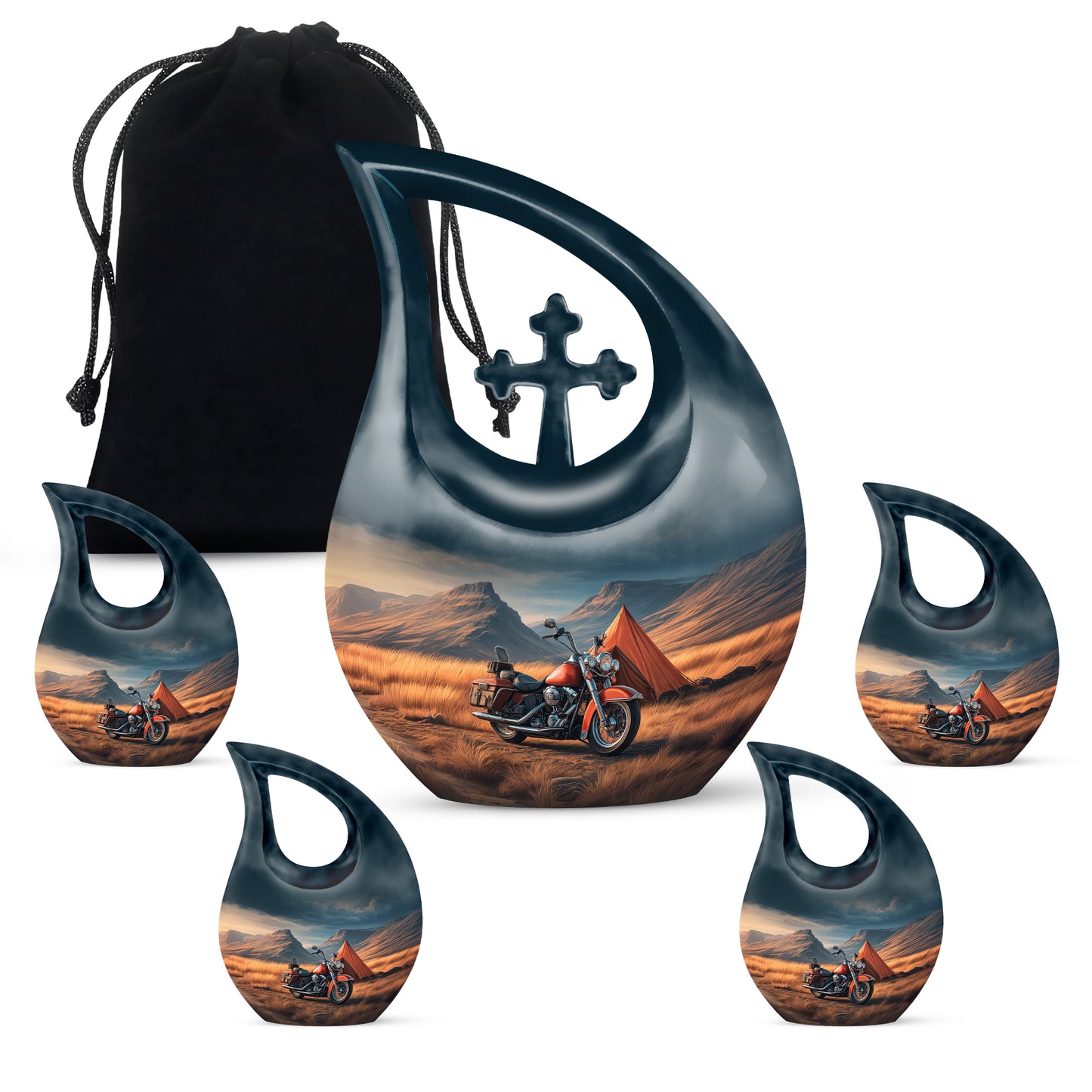 Serene Blue Bike Cremation Urn urn with complimentary velvet bag - faith-inspired cross-drop urn with bike pattern - memorial set with one large and four small urns