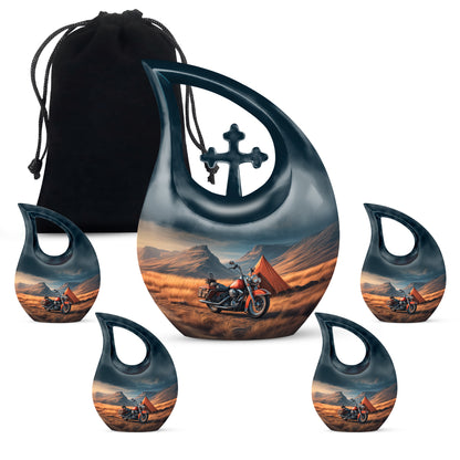 Serene Blue Bike Cremation Urn urn with complimentary velvet bag - faith-inspired cross-drop urn with bike pattern - memorial set with one large and four small urns
