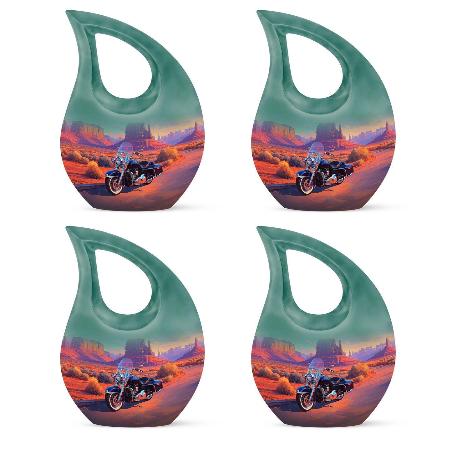 Aqua Teal Bike Cremation Urn lifestyle display on memorial shelf - faith-inspired cross-drop urn with bike pattern - 10 inch aluminum urn for cremated remains