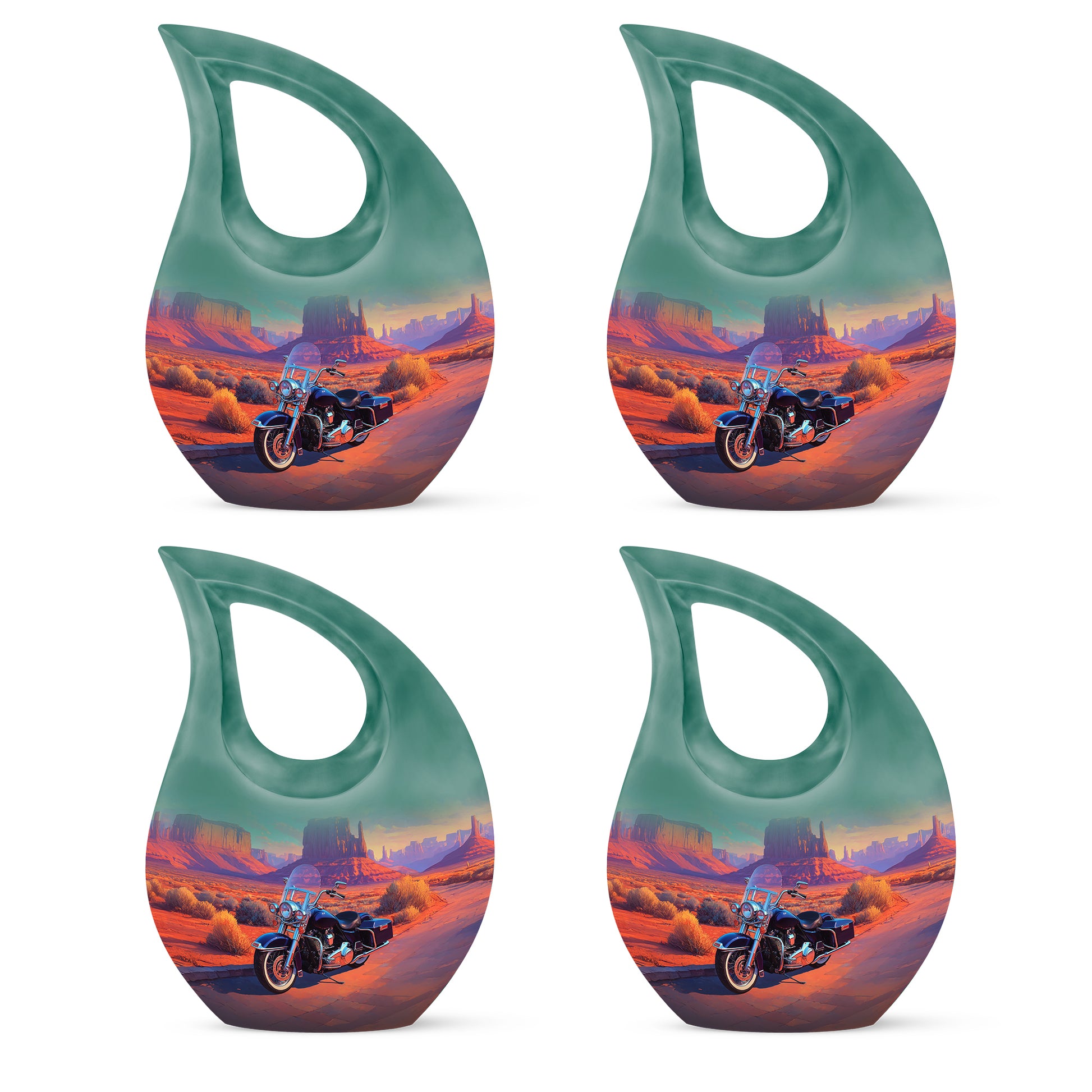 Aqua Teal Bike Cremation Urn lifestyle display on memorial shelf - faith-inspired cross-drop urn with bike pattern - 10 inch aluminum urn for cremated remains
