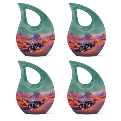 Aqua Teal Bike Cremation Urn lifestyle display on memorial shelf - faith-inspired cross-drop urn with bike pattern - 10 inch aluminum urn for cremated remains