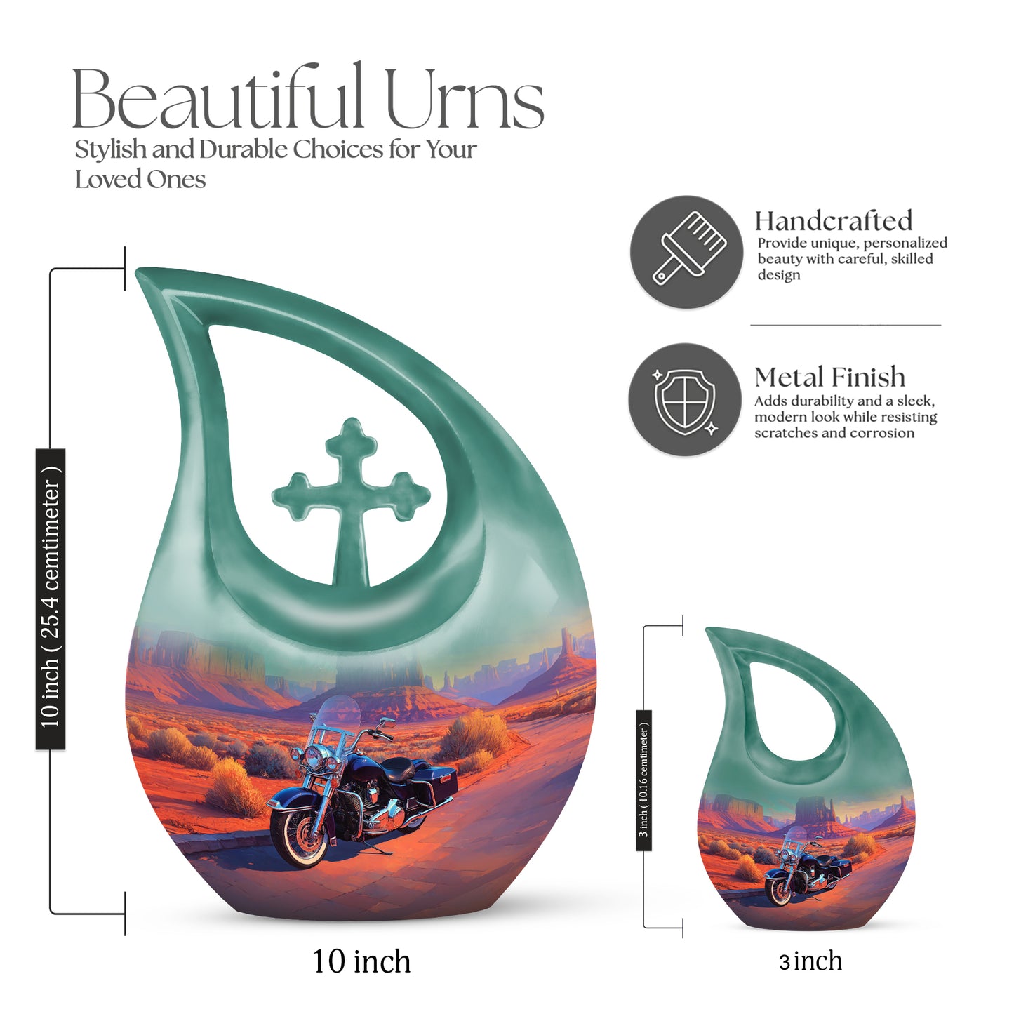 Ocean Teal Bike Cremation Urn back view with polished surface - sacred cross merged with bike motif on metal - mini keepsake memorial for portion of cremation ashes