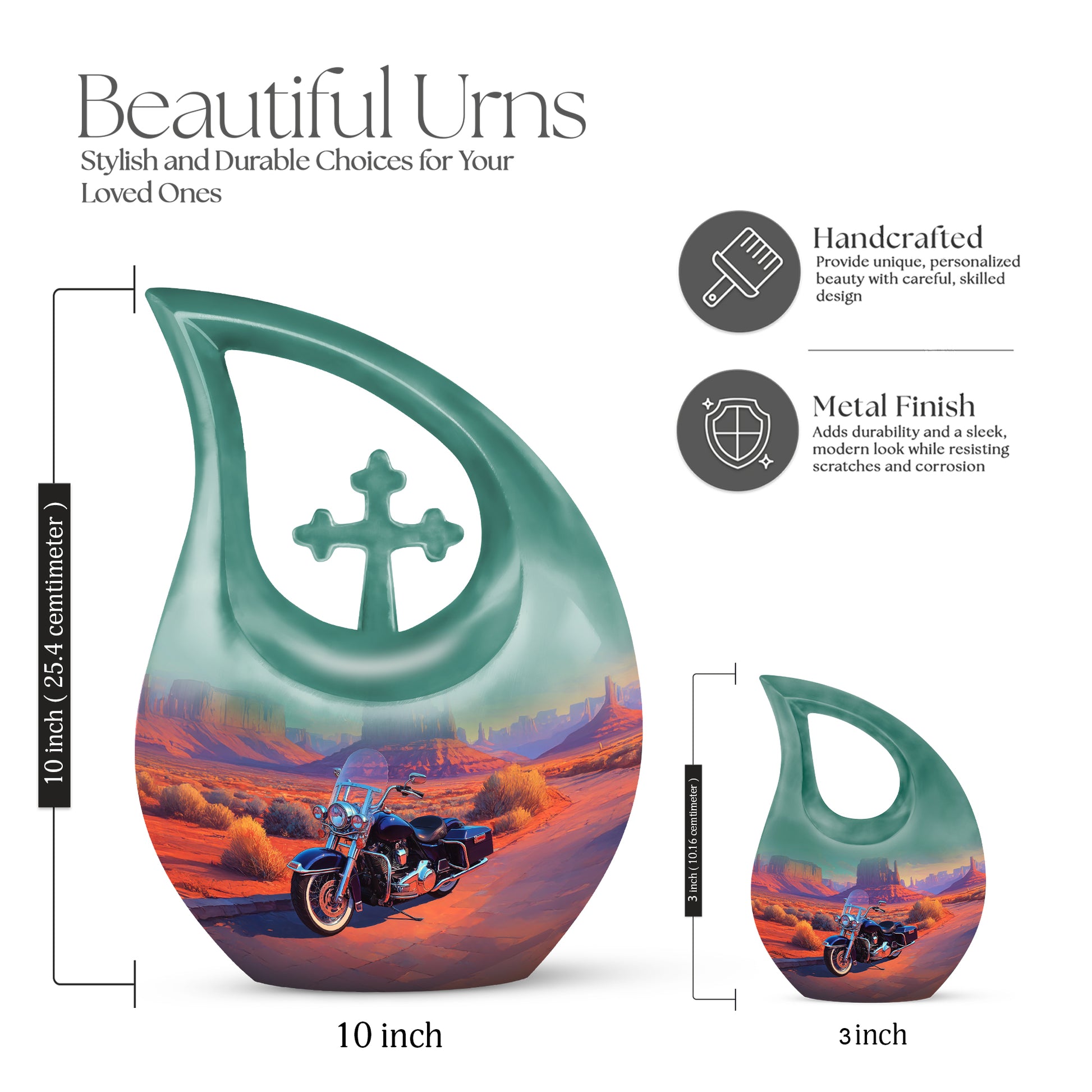 Ocean Teal Bike Cremation Urn back view with polished surface - sacred cross merged with bike motif on metal - mini keepsake memorial for portion of cremation ashes