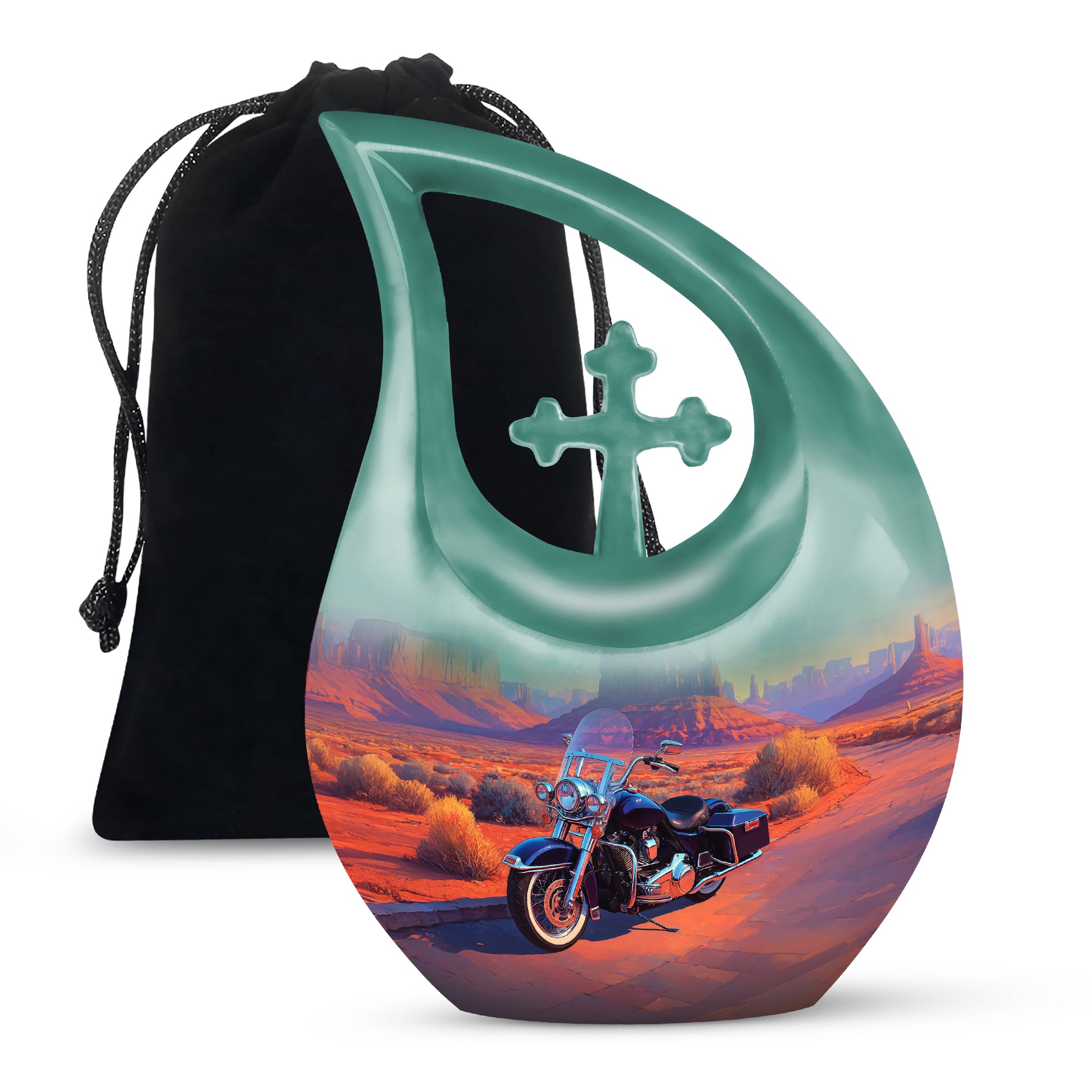 Aqua Teal Bike Cremation Urn top-down view of secure threaded lid - devotional cross-drop bike engraving - full-size 10 inch 200 cubic inch adult cremation urn