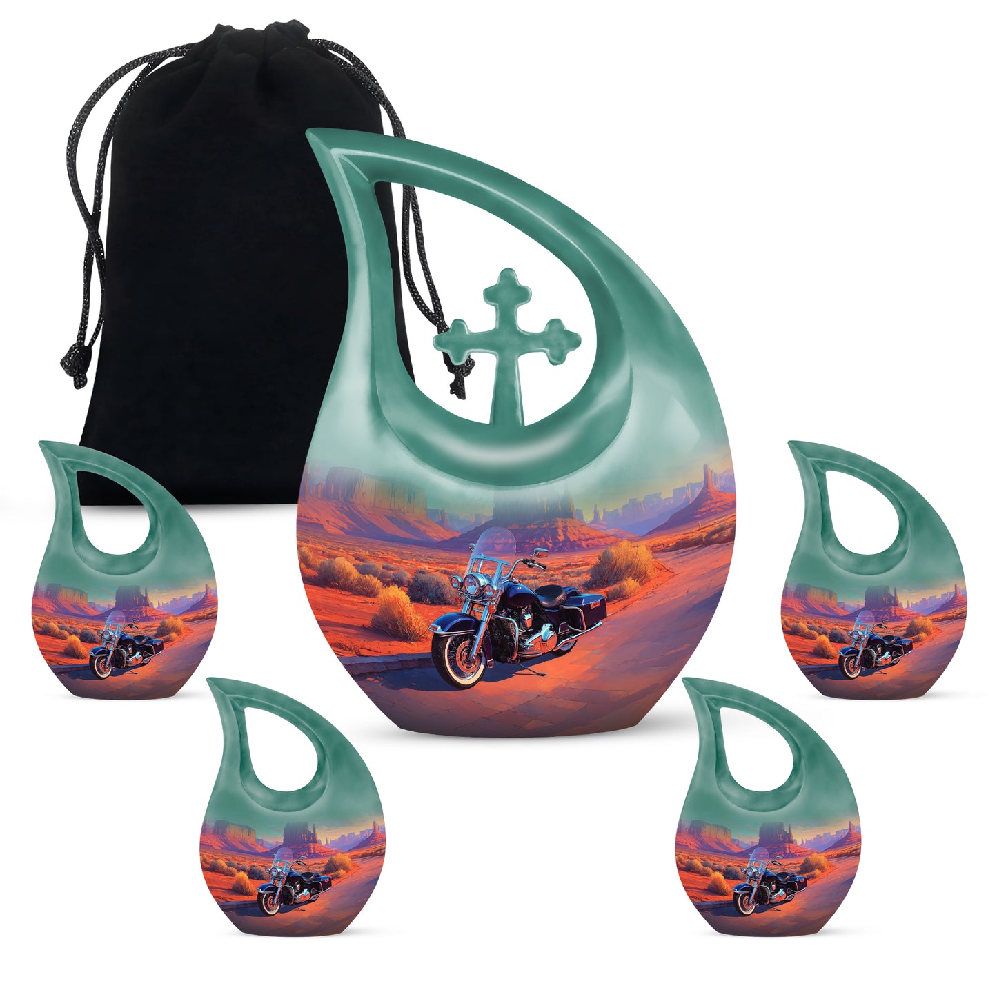 Vivid Teal Bike Cremation Urn urn with complimentary velvet bag - devotional cross-drop bike engraving - memorial set with one large and four small urns