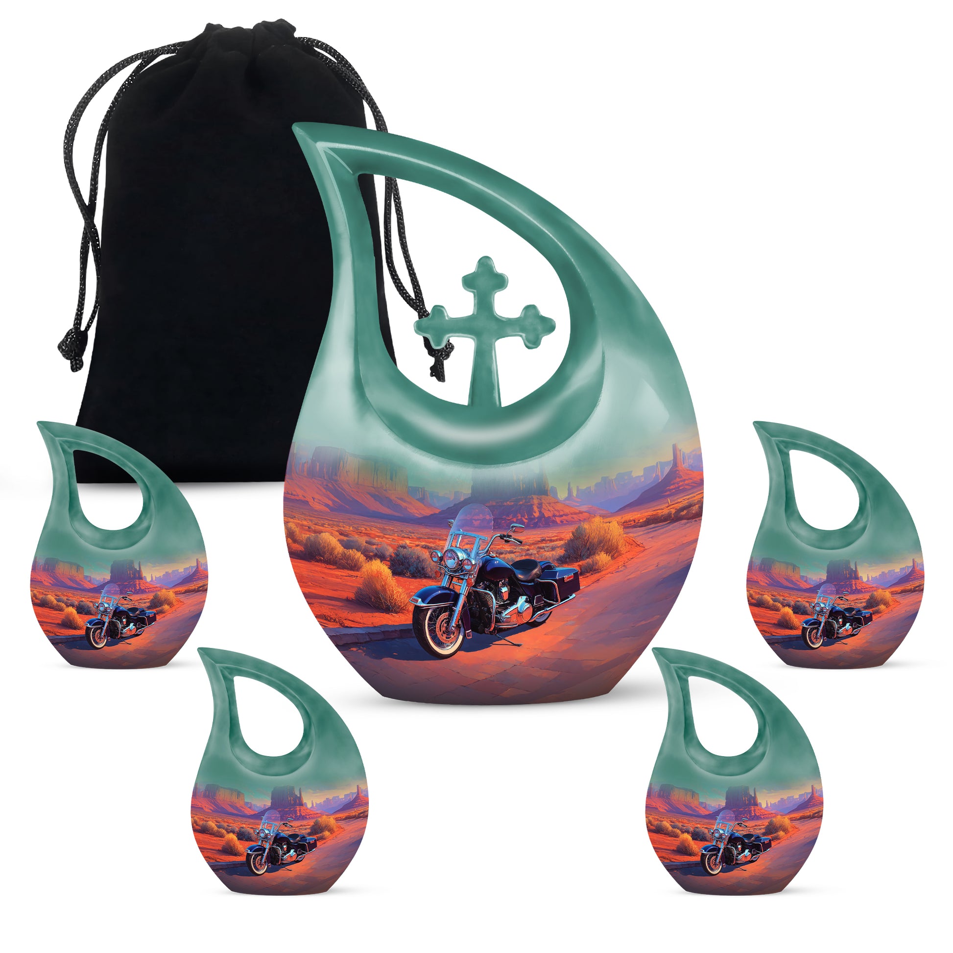 Vivid Teal Bike Cremation Urn urn with complimentary velvet bag - devotional cross-drop bike engraving - memorial set with one large and four small urns