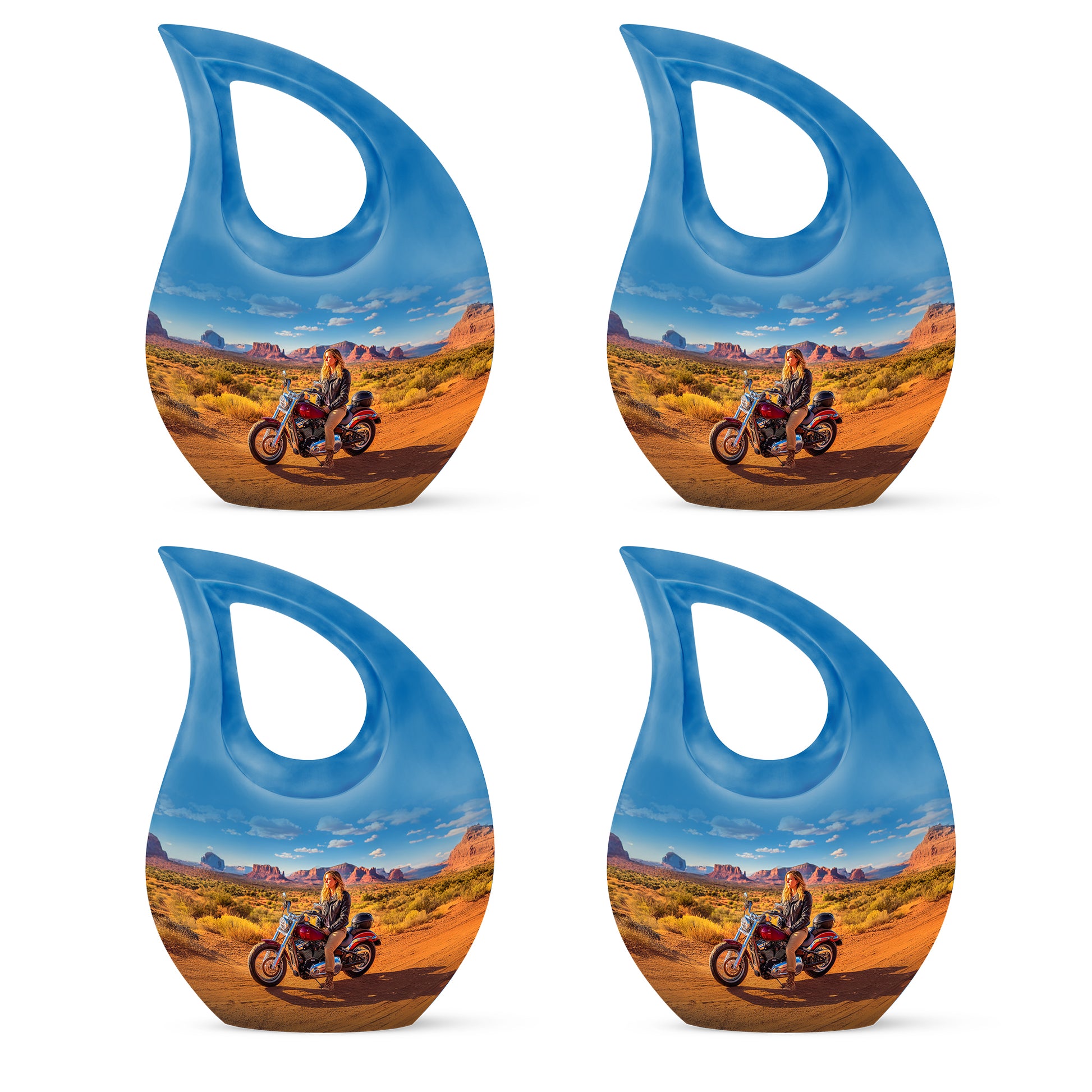Powder Blue Bike Cremation Urn lifestyle display on memorial shelf - sacred cross merged with bike motif on metal - 10 inch aluminum urn for cremated remains