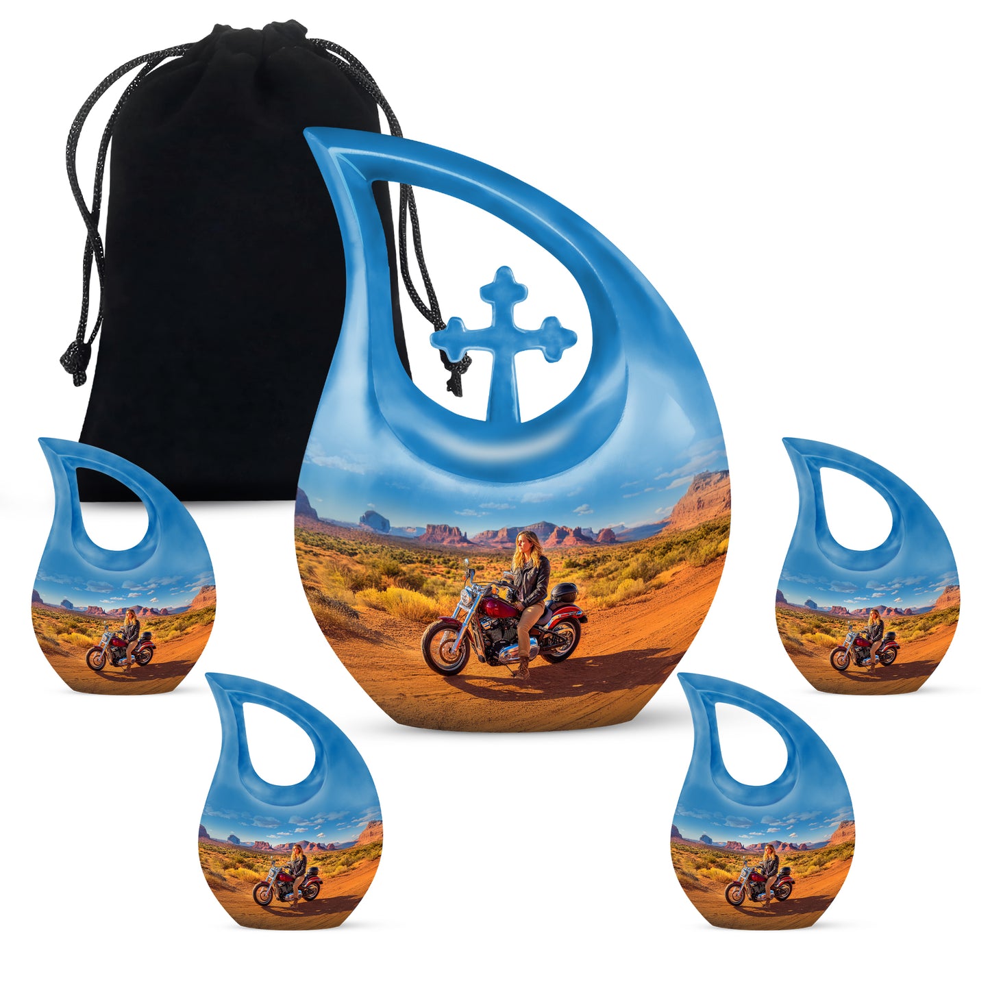 Indigo Bike Cremation Urn urn with complimentary velvet bag - cross and bike combined in spiritual memorial design - memorial set with one large and four small urns