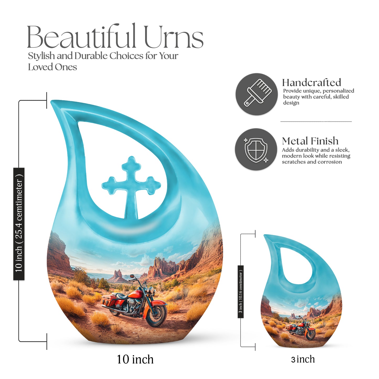 Ocean Teal Bike Cremation Urn back view with polished surface - sacred cross merged with bike motif on metal - mini keepsake memorial for portion of cremation ashes