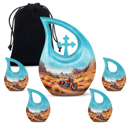 Deep Teal Bike Cremation Urn urn with complimentary velvet bag - devotional cross-drop bike engraving - memorial set with one large and four small urns