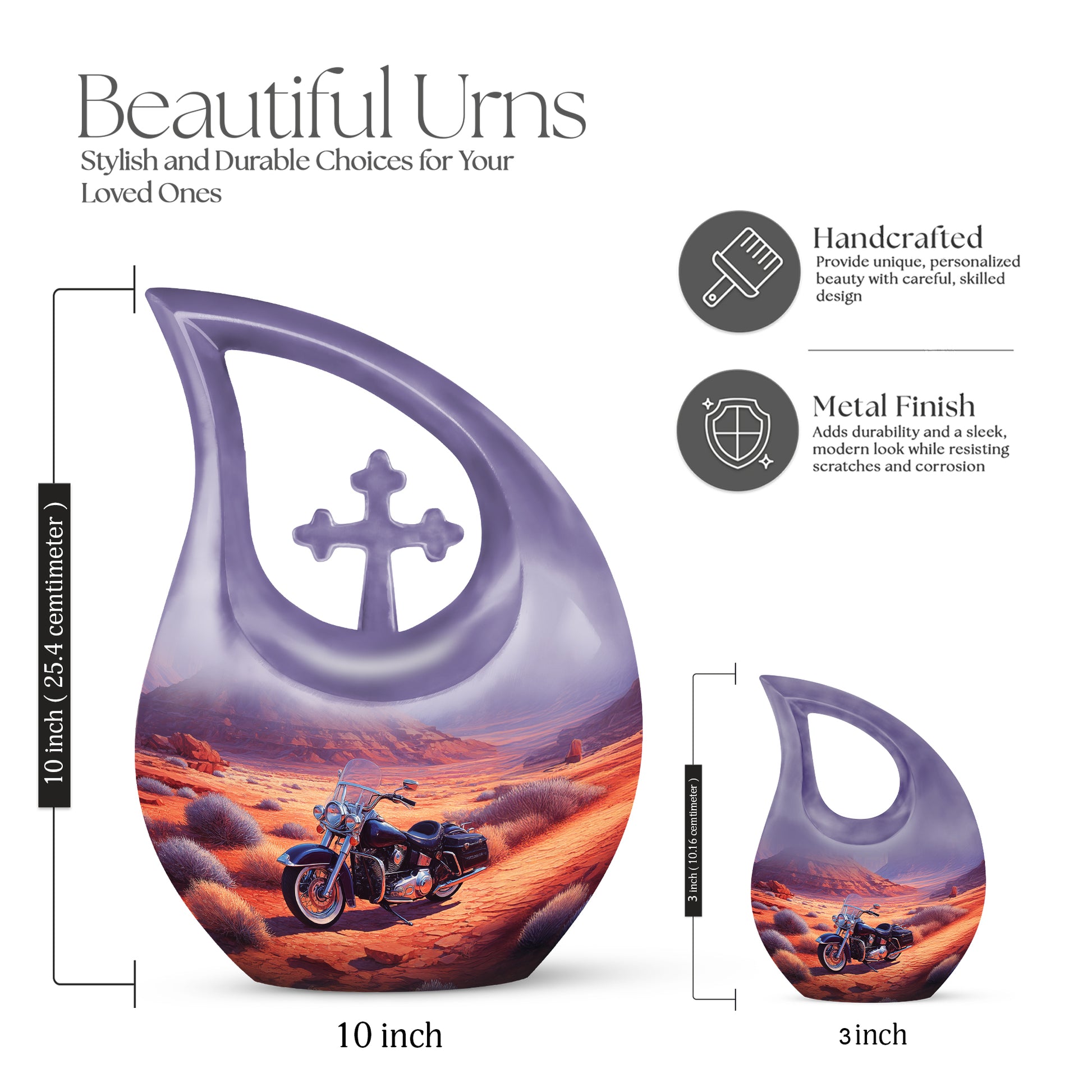 Crimson Red Bike Cremation Urn back view with polished surface - sacred cross merged with bike motif on metal - mini keepsake memorial for portion of cremation ashes