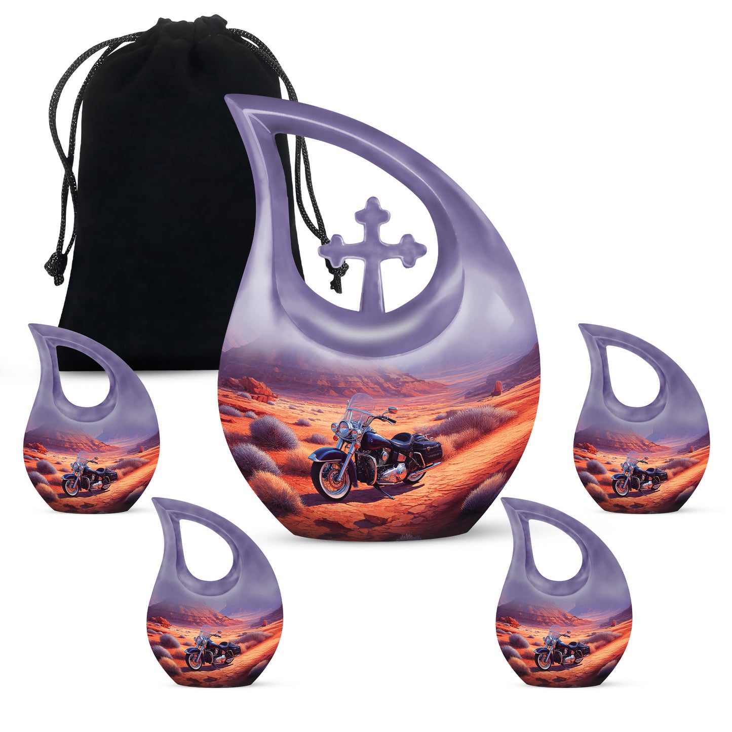 Cherry Red Bike Cremation Urn urn with complimentary velvet bag - devotional cross-drop bike engraving - memorial set with one large and four small urns