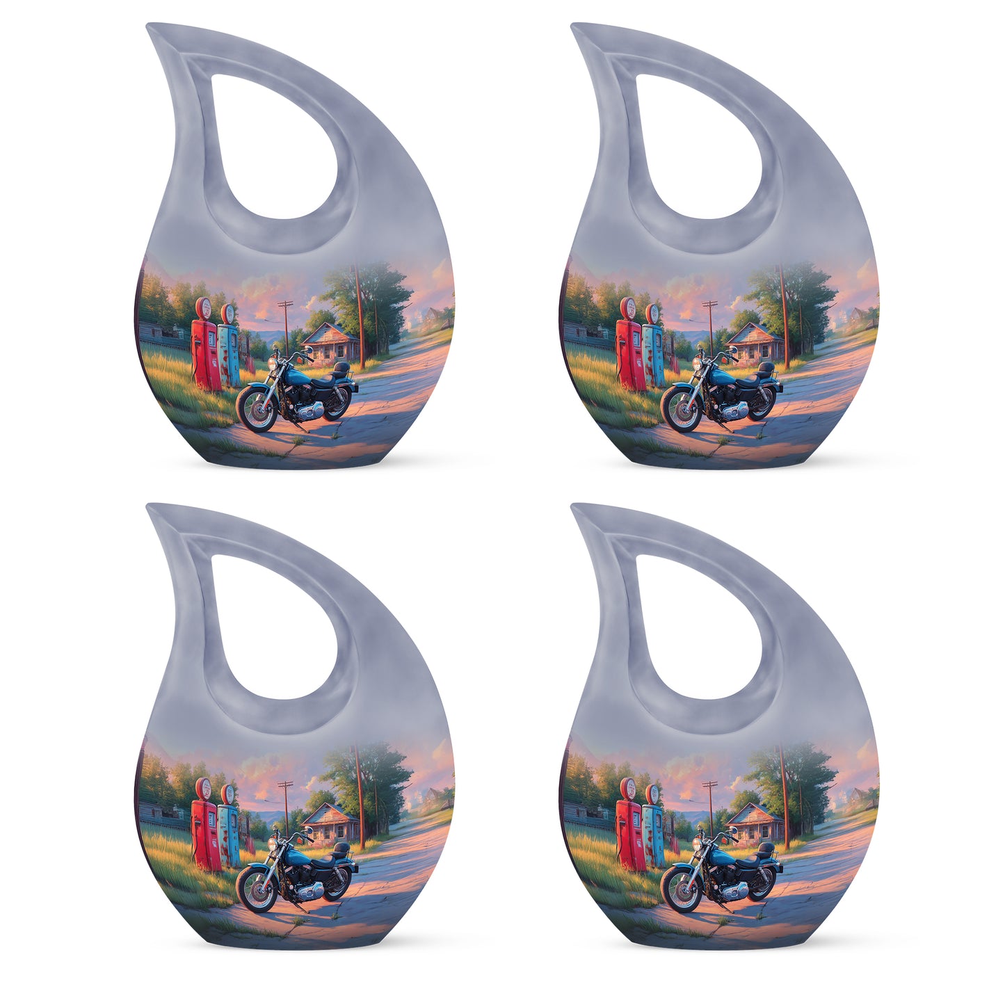 Navy Blue Bike Cremation Urn lifestyle display on memorial shelf - sacred cross merged with bike motif on metal - 10 inch aluminum urn for cremated remains