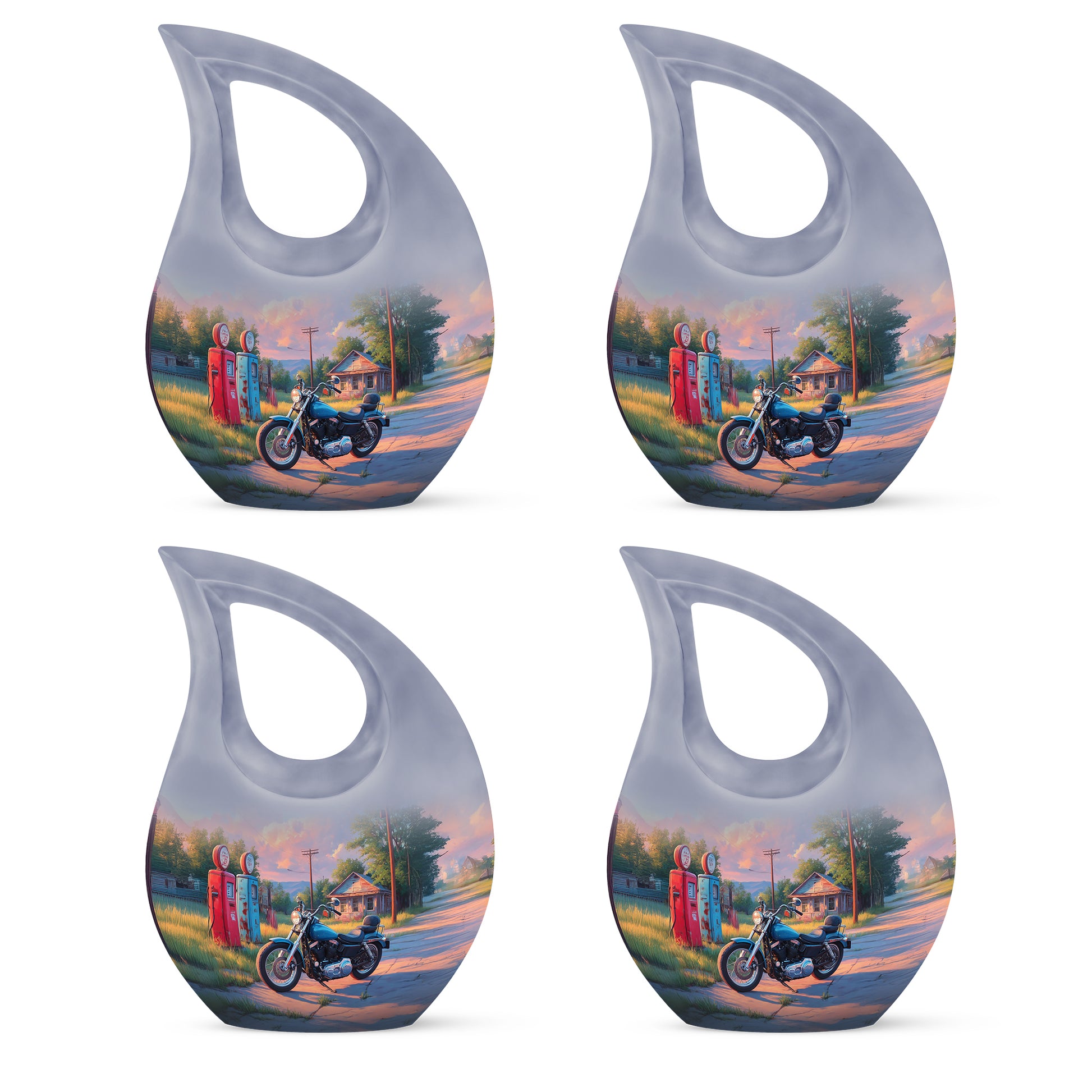 Navy Blue Bike Cremation Urn lifestyle display on memorial shelf - sacred cross merged with bike motif on metal - 10 inch aluminum urn for cremated remains