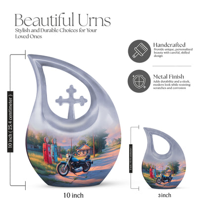 Cobalt Blue Bike Cremation Urn back view with polished surface - faith-inspired cross-drop urn with bike pattern - mini keepsake memorial for portion of cremation ashes