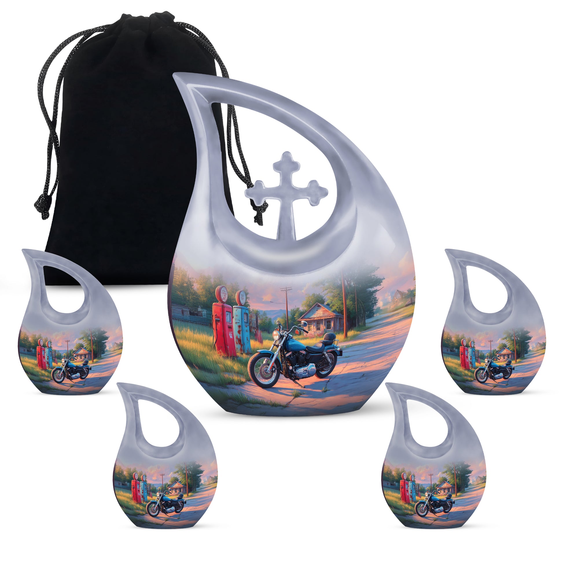 Sapphire Blue Bike Cremation Urn urn with complimentary velvet bag - faith-inspired cross-drop urn with bike pattern - memorial set with one large and four small urns