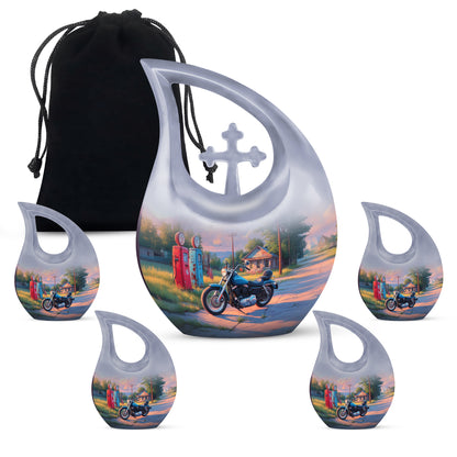 Sapphire Blue Bike Cremation Urn urn with complimentary velvet bag - faith-inspired cross-drop urn with bike pattern - memorial set with one large and four small urns