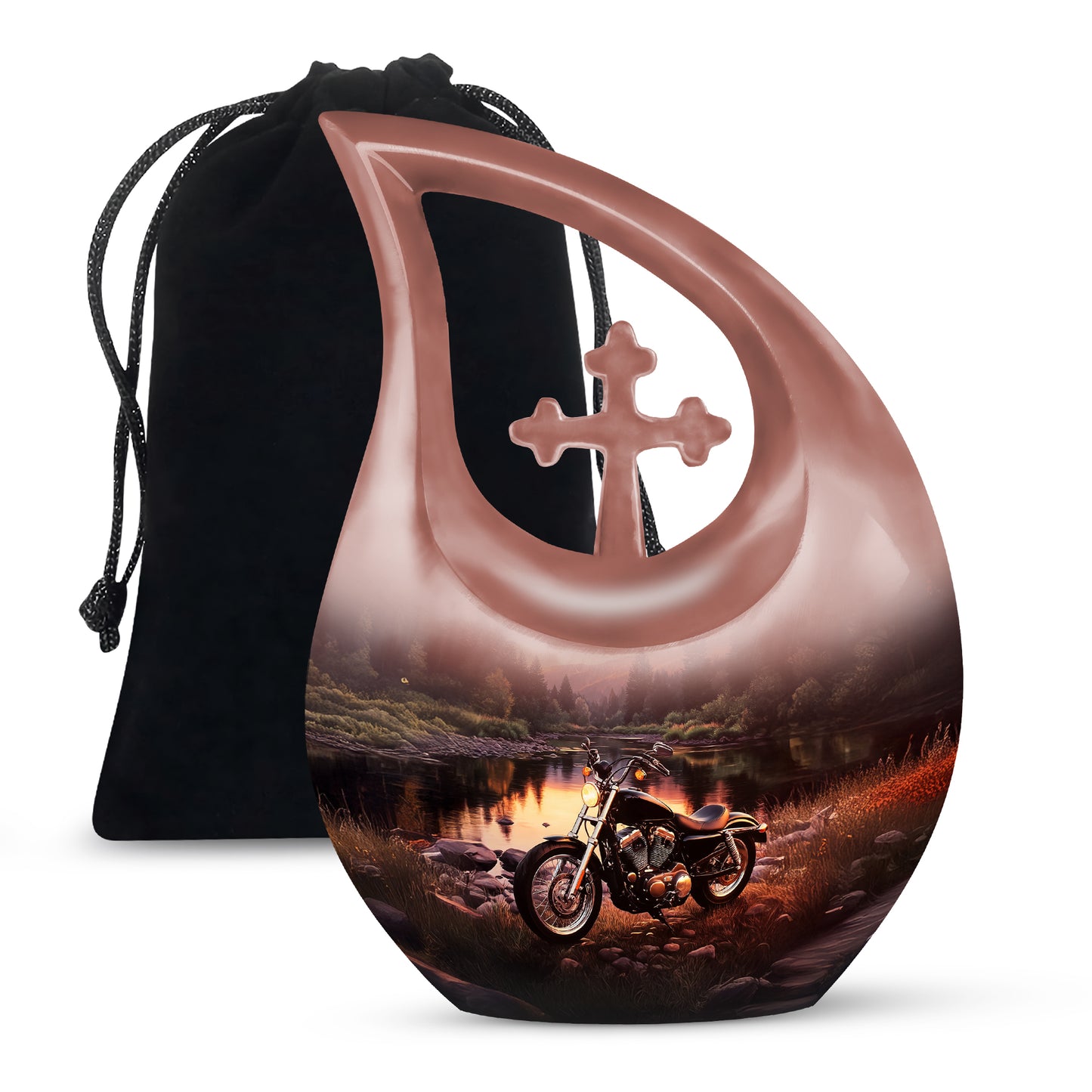 Champagne Gold Bike Cremation Urn top-down view of secure threaded lid - cross and bike combined in spiritual memorial design - full-size 10 inch 200 cubic inch adult cremation urn