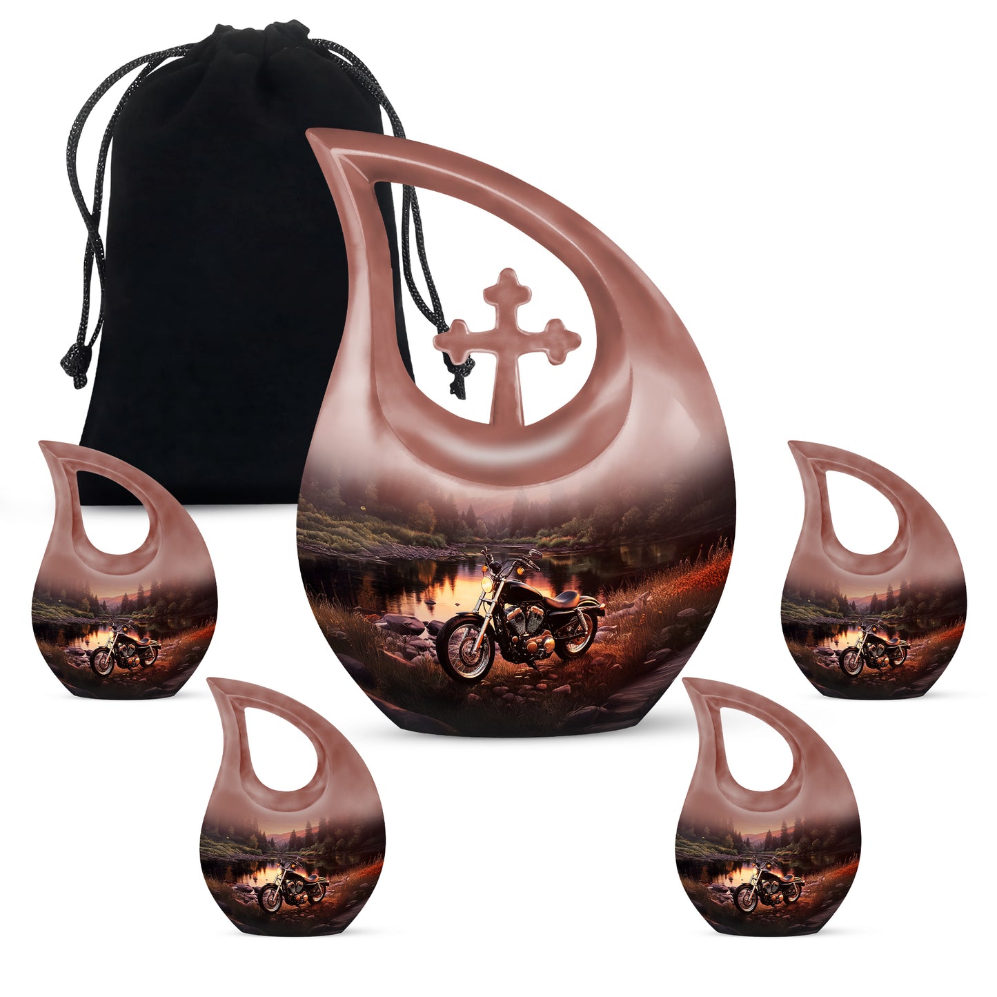 Burnished Gold Bike Cremation Urn urn with complimentary velvet bag - faith-inspired cross-drop urn with bike pattern - memorial set with one large and four small urns