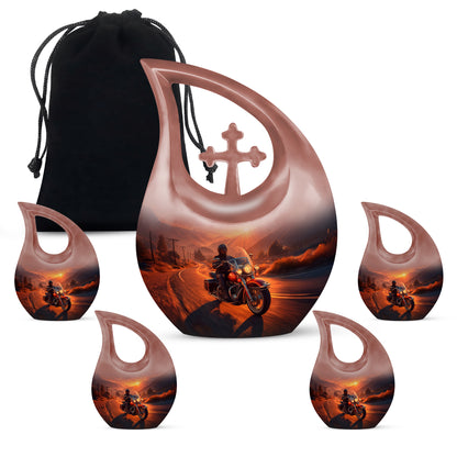 Matte Gold Bike Cremation Urn urn with complimentary velvet bag - faith-inspired cross-drop urn with bike pattern - memorial set with one large and four small urns