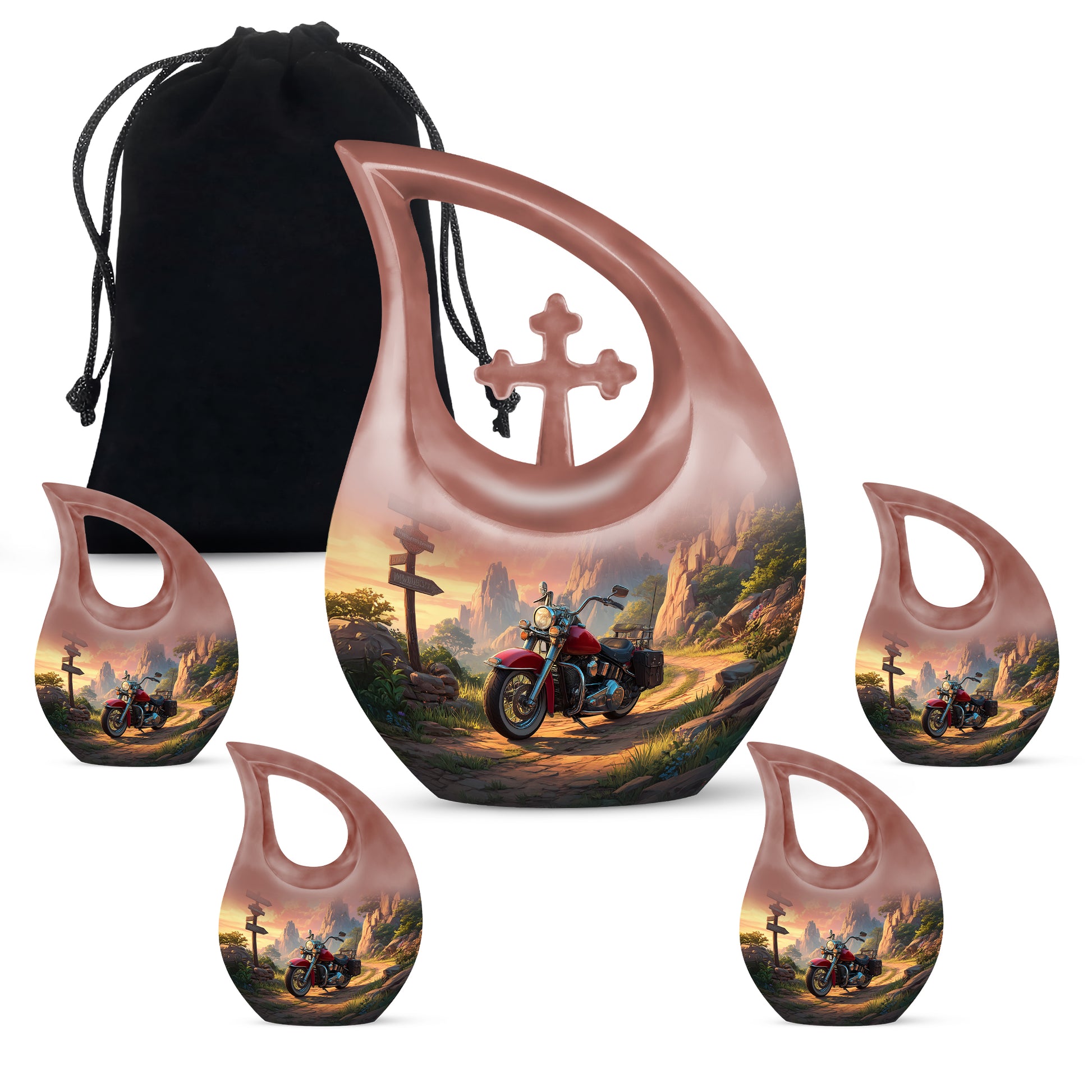Scarlet Red Bike Cremation Urn urn with complimentary velvet bag - devotional cross-drop bike engraving - memorial set with one large and four small urns