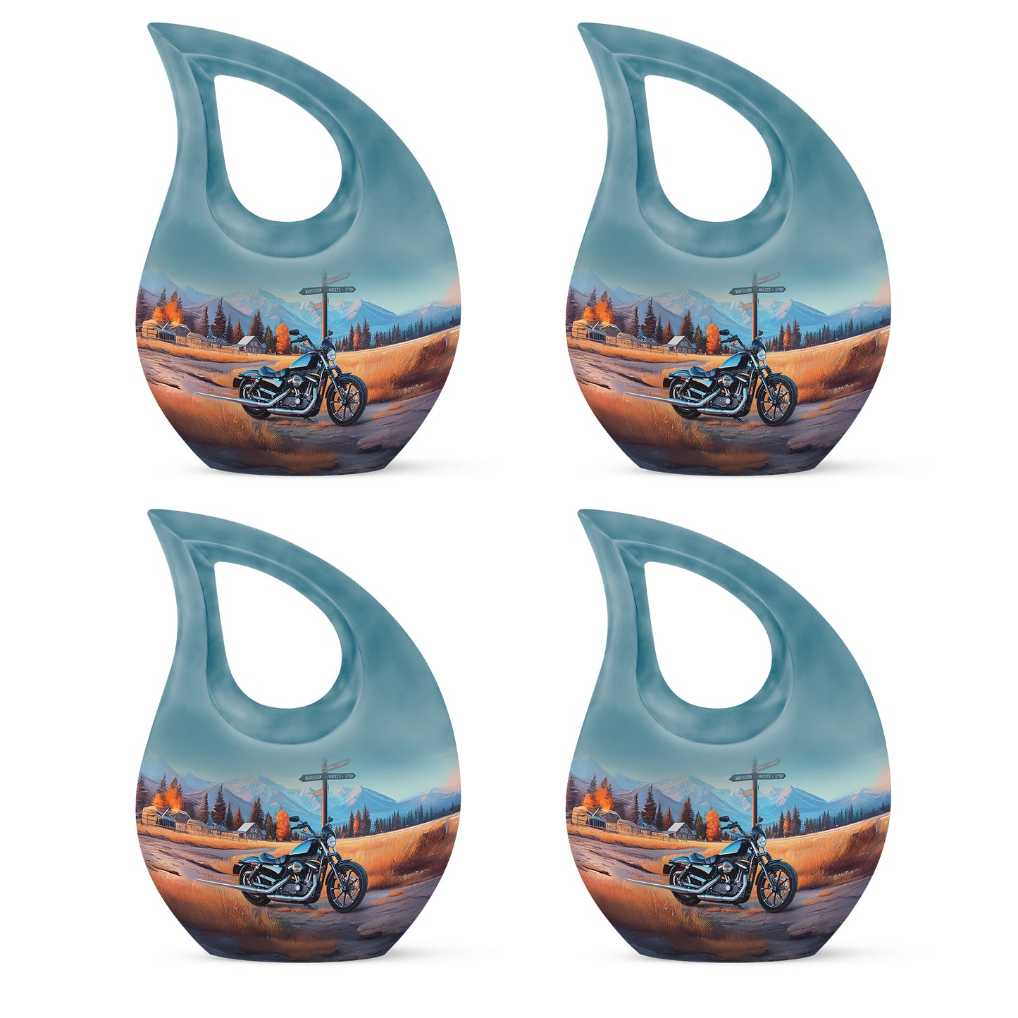 Vivid Blue Bike Cremation Urn lifestyle display on memorial shelf - faith-inspired cross-drop urn with bike pattern - 10 inch aluminum urn for cremated remains