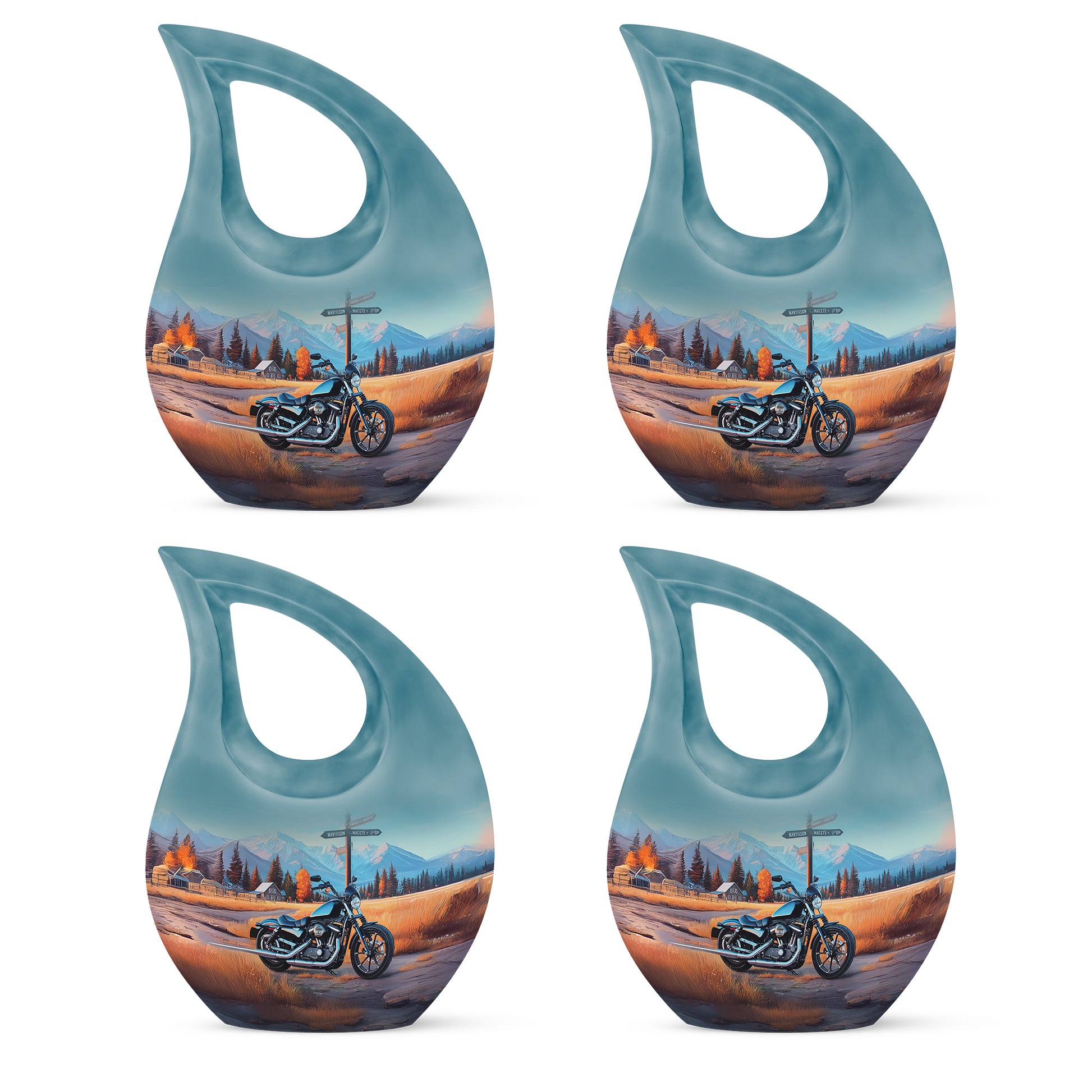 Vivid Blue Bike Cremation Urn lifestyle display on memorial shelf - faith-inspired cross-drop urn with bike pattern - 10 inch aluminum urn for cremated remains