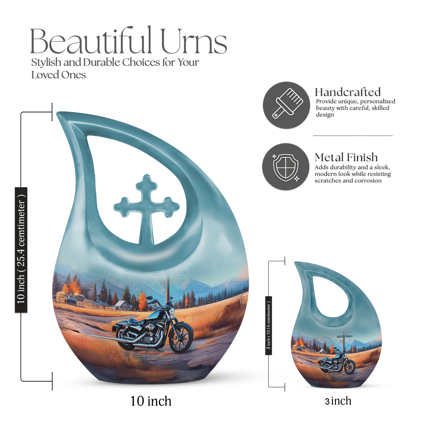 Twilight Blue Bike Cremation Urn back view with polished surface - faith-inspired cross-drop urn with bike pattern - mini keepsake memorial for portion of cremation ashes