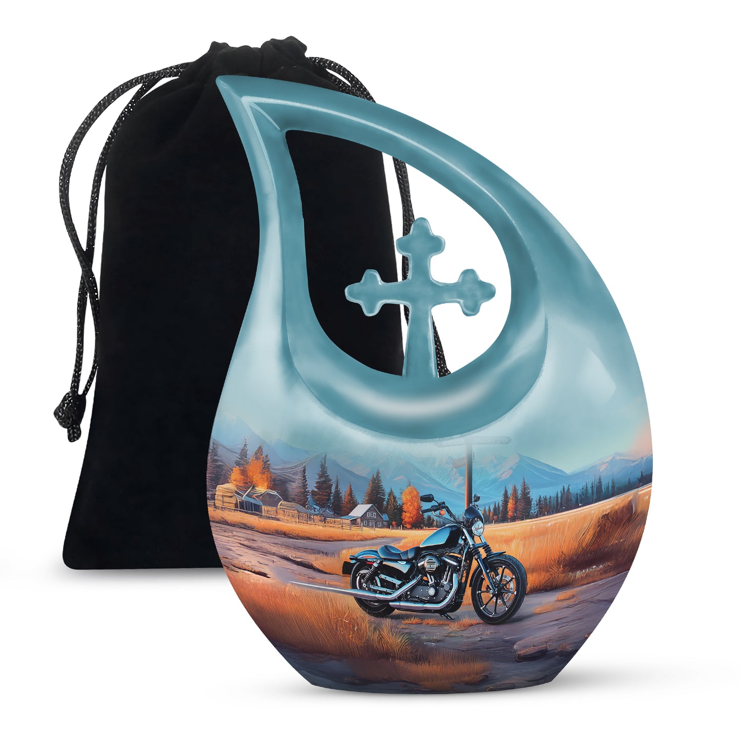 Sapphire Blue Bike Cremation Urn top-down view of secure threaded lid - devotional cross-drop bike engraving - full-size 10 inch 200 cubic inch adult cremation urn