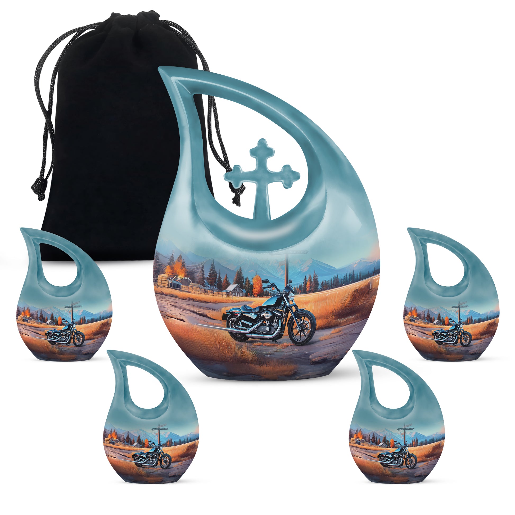 Serene Blue Bike Cremation Urn urn with complimentary velvet bag - devotional cross-drop bike engraving - memorial set with one large and four small urns