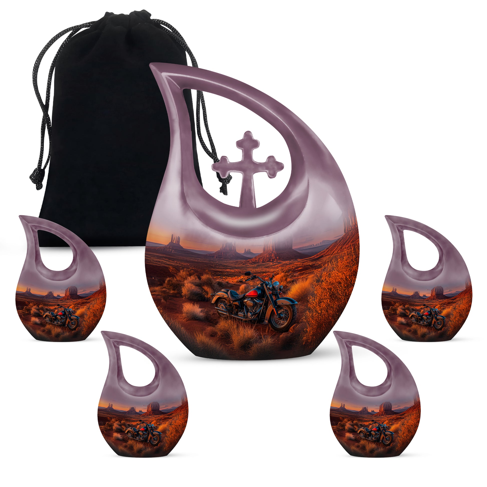 Dusty Blue Bike Cremation Urn urn with complimentary velvet bag - cross and bike combined in spiritual memorial design - memorial set with one large and four small urns