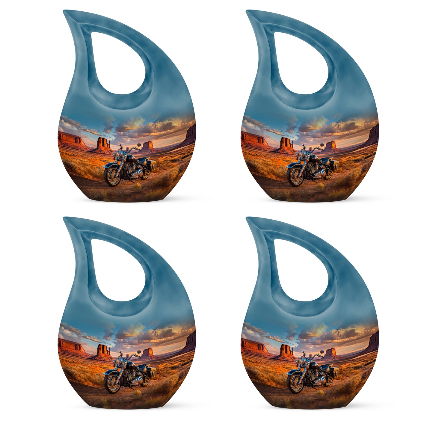 Celestial Blue Bike Cremation Urn lifestyle display on memorial shelf - sacred cross merged with bike motif on metal - 10 inch aluminum urn for cremated remains