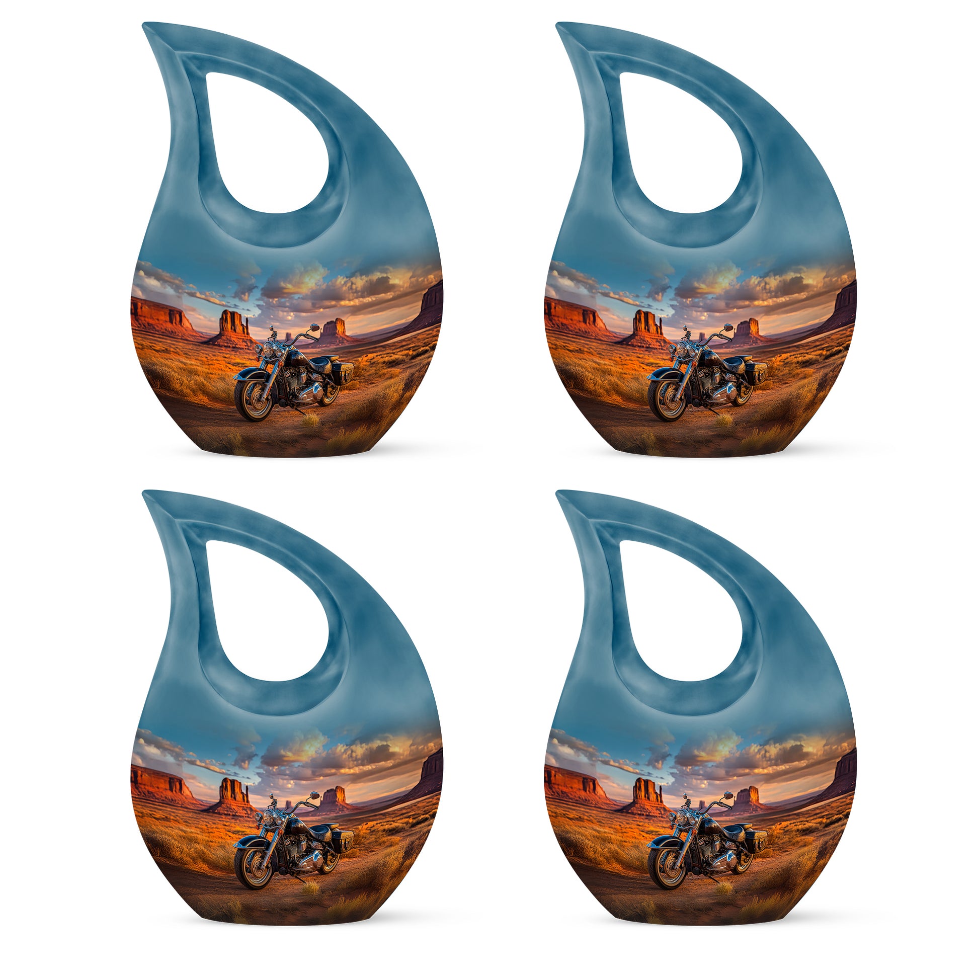 Celestial Blue Bike Cremation Urn lifestyle display on memorial shelf - sacred cross merged with bike motif on metal - 10 inch aluminum urn for cremated remains