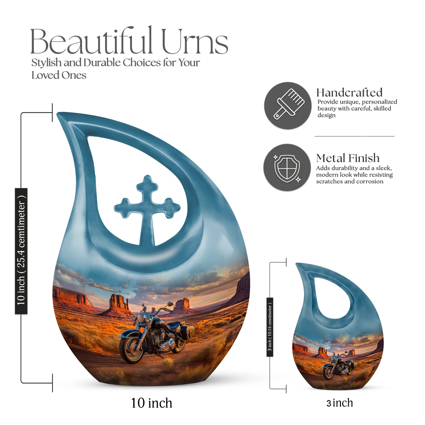 Cobalt Blue Bike Cremation Urn back view with polished surface - faith-inspired cross-drop urn with bike pattern - mini keepsake memorial for portion of cremation ashes