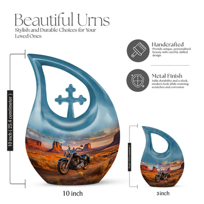 Cobalt Blue Bike Cremation Urn back view with polished surface - faith-inspired cross-drop urn with bike pattern - mini keepsake memorial for portion of cremation ashes