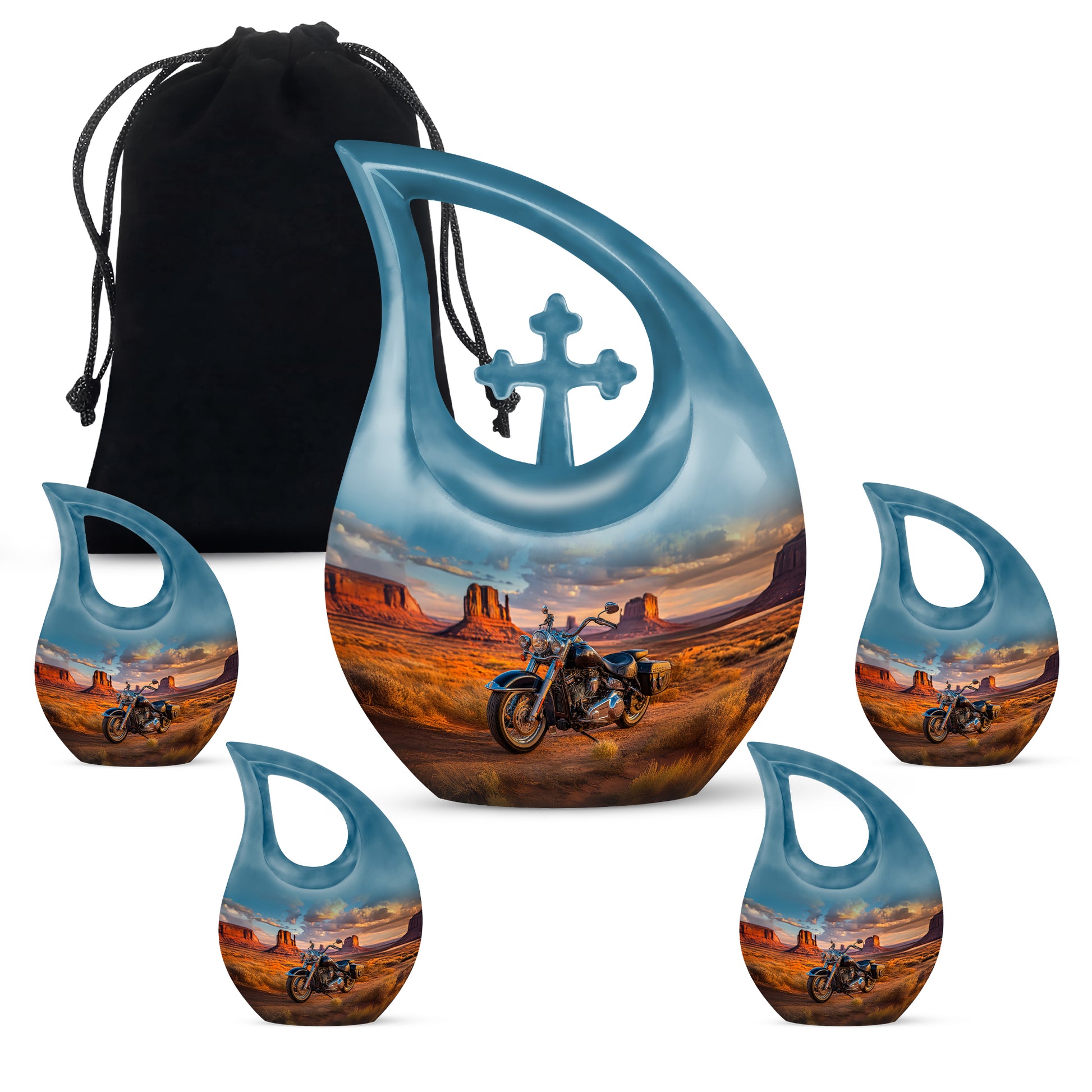 Steel Blue Bike Cremation Urn urn with complimentary velvet bag - faith-inspired cross-drop urn with bike pattern - memorial set with one large and four small urns