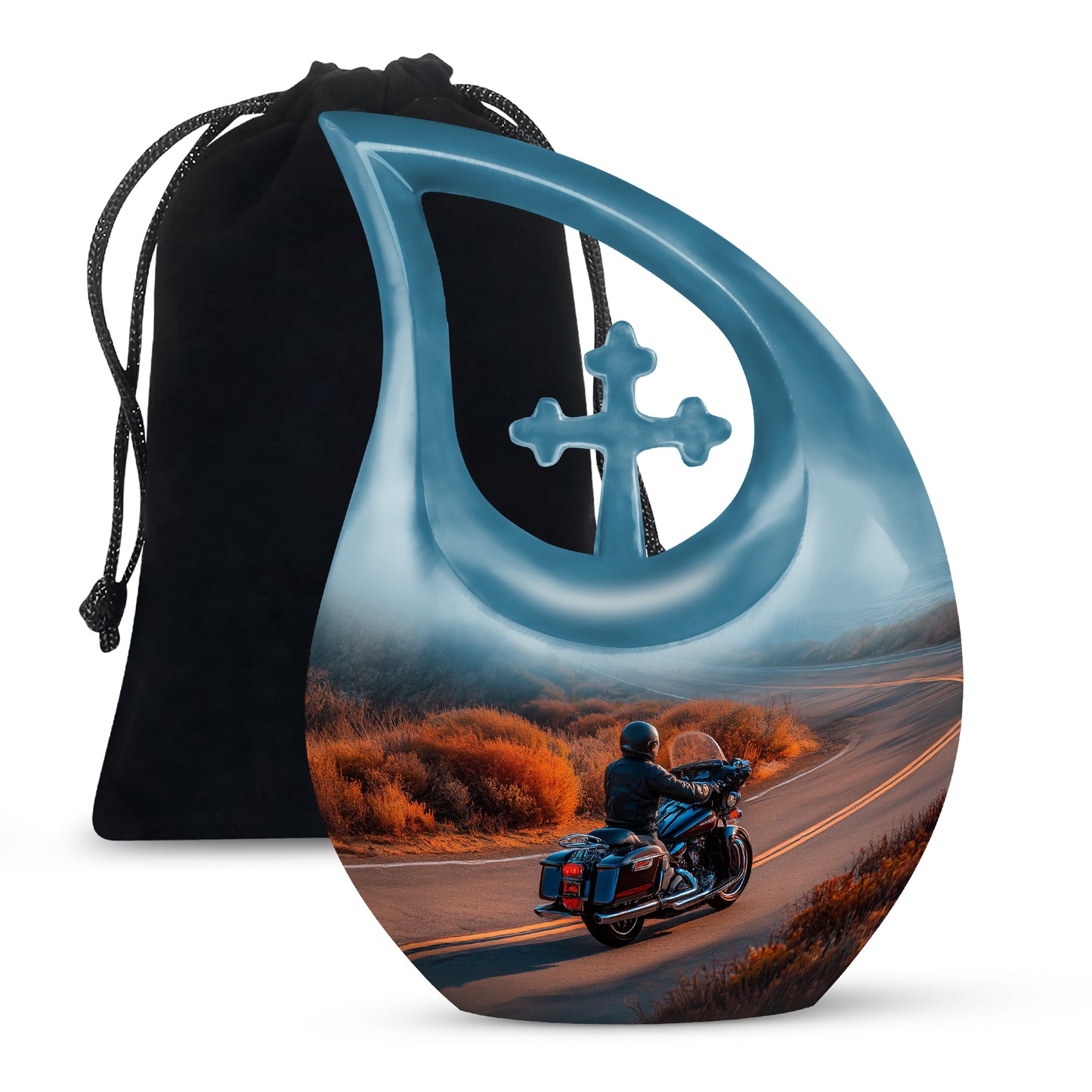 Amber Gold Bike Cremation Urn top-down view of secure threaded lid - cross and bike combined in spiritual memorial design - full-size 10 inch 200 cubic inch adult cremation urn