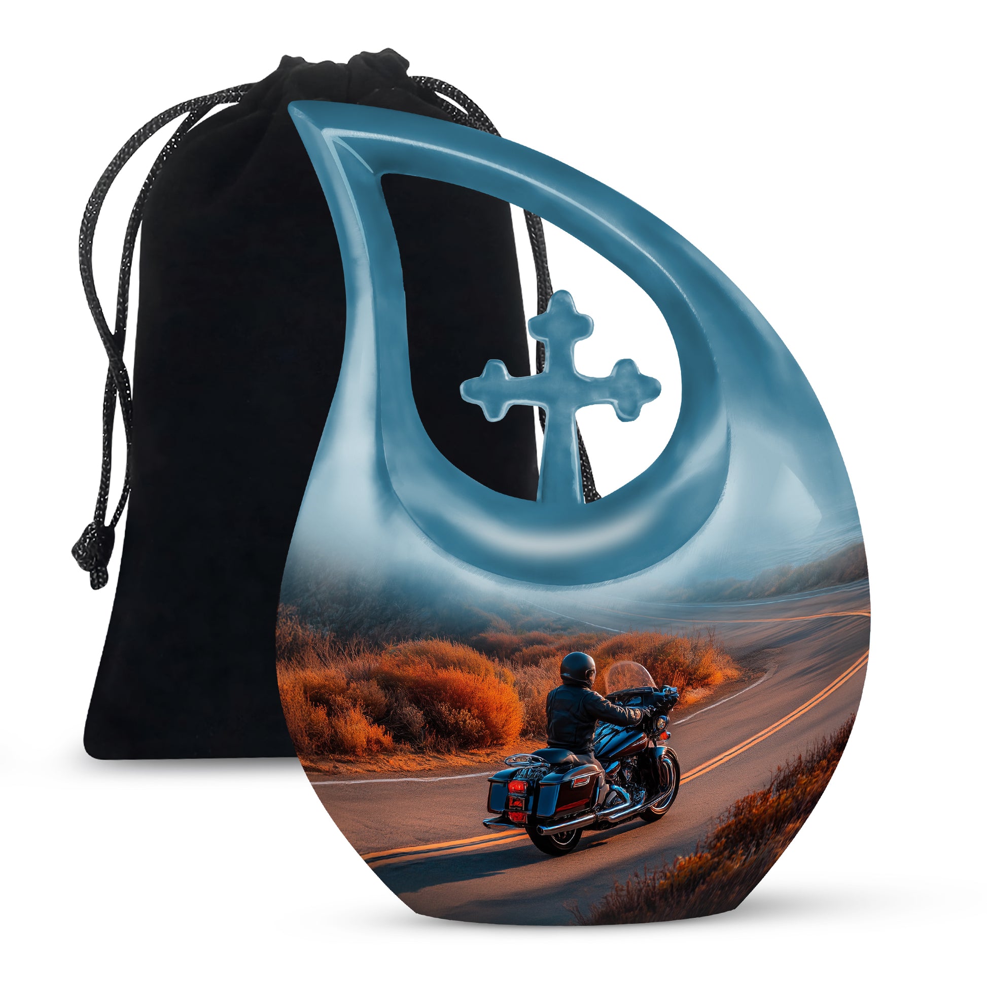 Amber Gold Bike Cremation Urn top-down view of secure threaded lid - cross and bike combined in spiritual memorial design - full-size 10 inch 200 cubic inch adult cremation urn