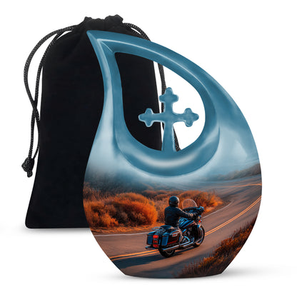 Amber Gold Bike Cremation Urn top-down view of secure threaded lid - cross and bike combined in spiritual memorial design - full-size 10 inch 200 cubic inch adult cremation urn