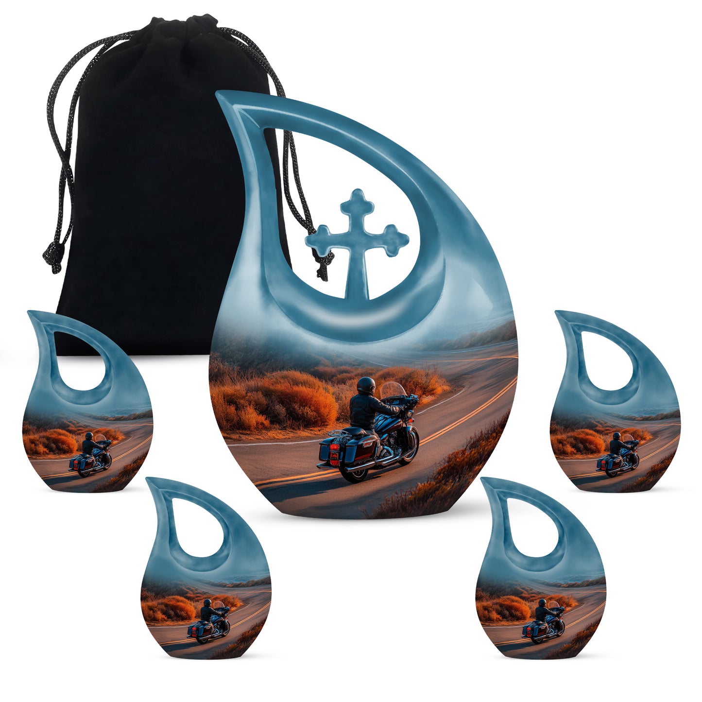 Sunrise Gold Bike Cremation Urn urn with complimentary velvet bag - cross and bike combined in spiritual memorial design - memorial set with one large and four small urns