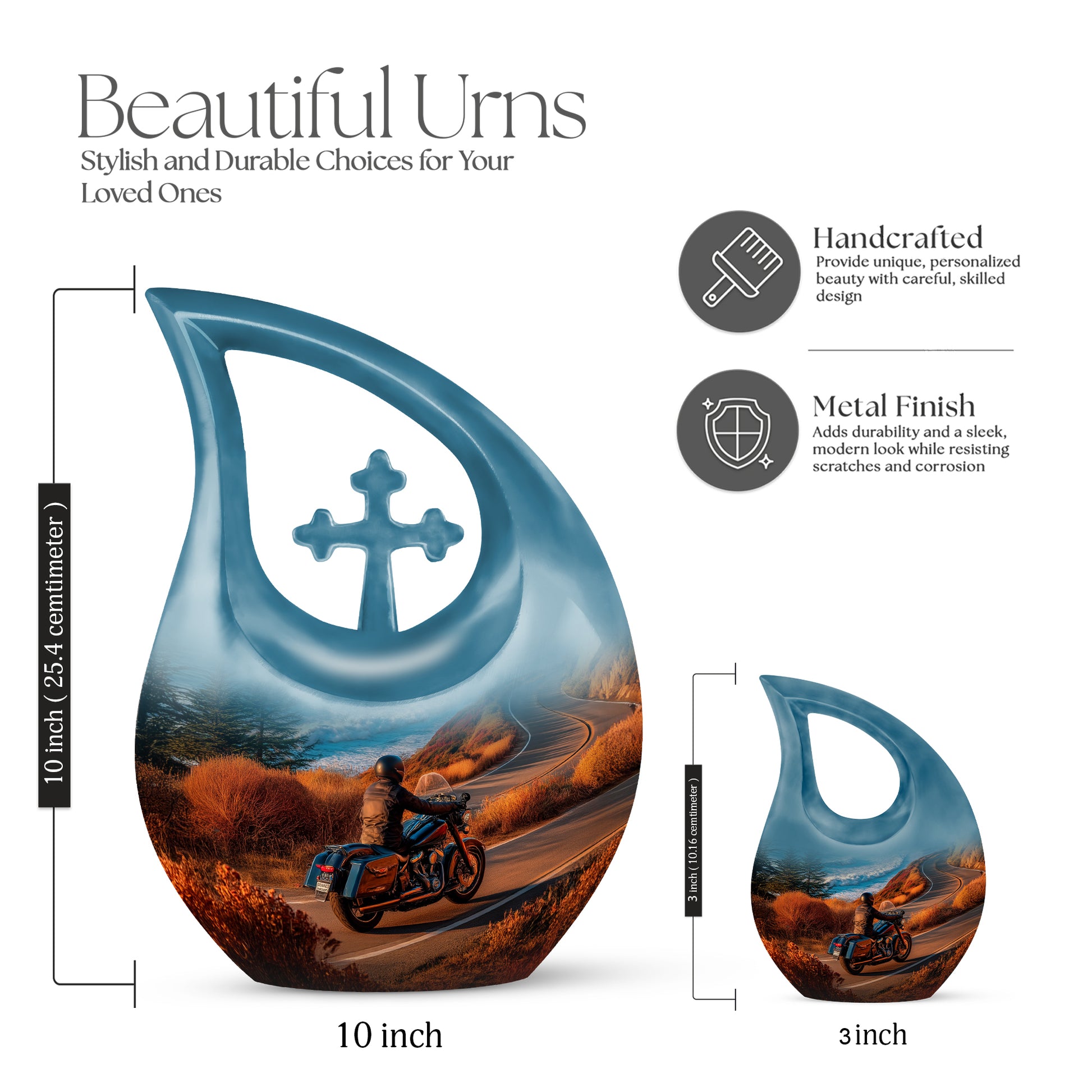 Jewel Teal Bike Cremation Urn back view with polished surface - sacred cross merged with bike motif on metal - mini keepsake memorial for portion of cremation ashes