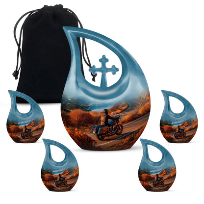 Sea Green Teal Bike Cremation Urn urn with complimentary velvet bag - cross and bike combined in spiritual memorial design - memorial set with one large and four small urns